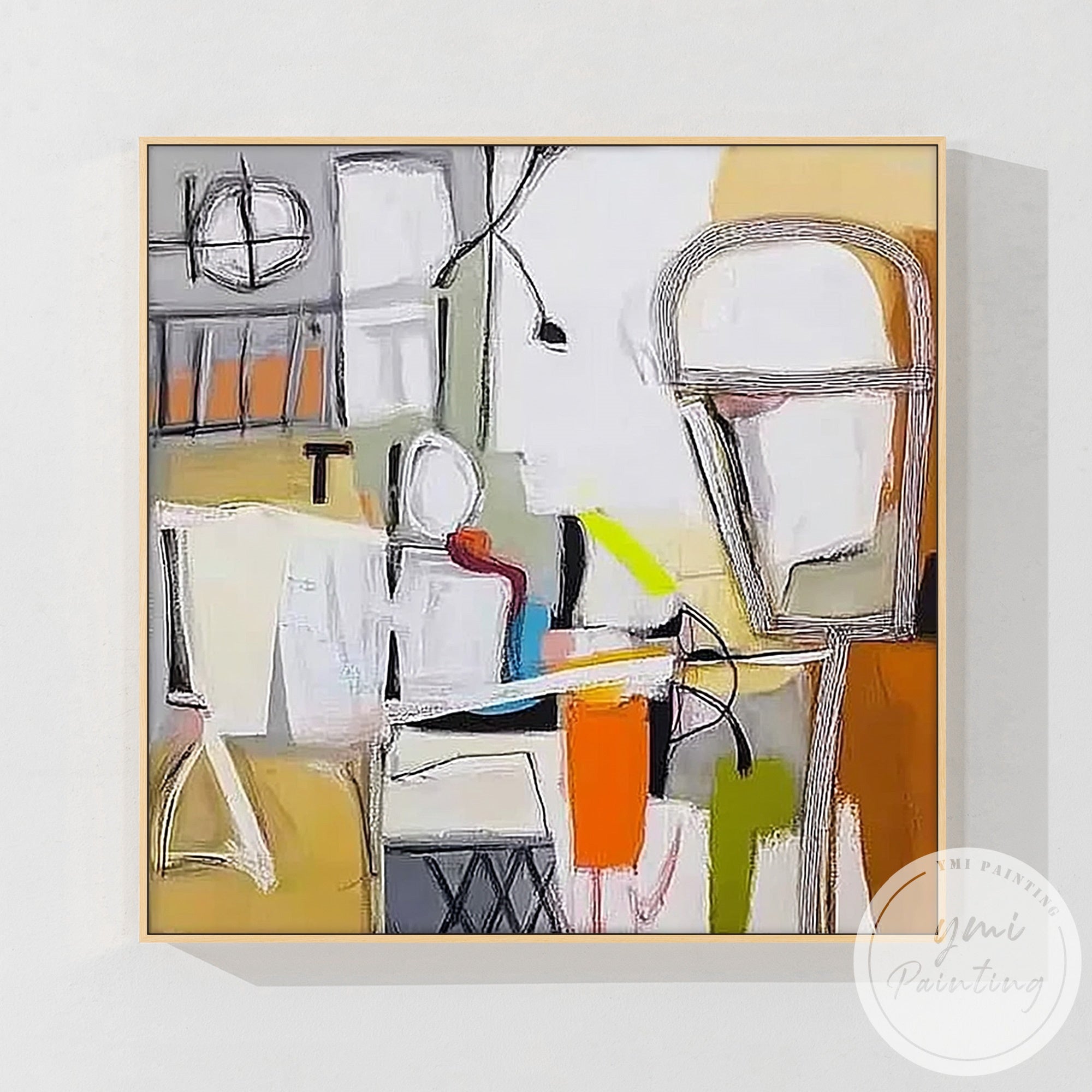 Abstract geometric artwork with vibrant yellow, grey, and orange