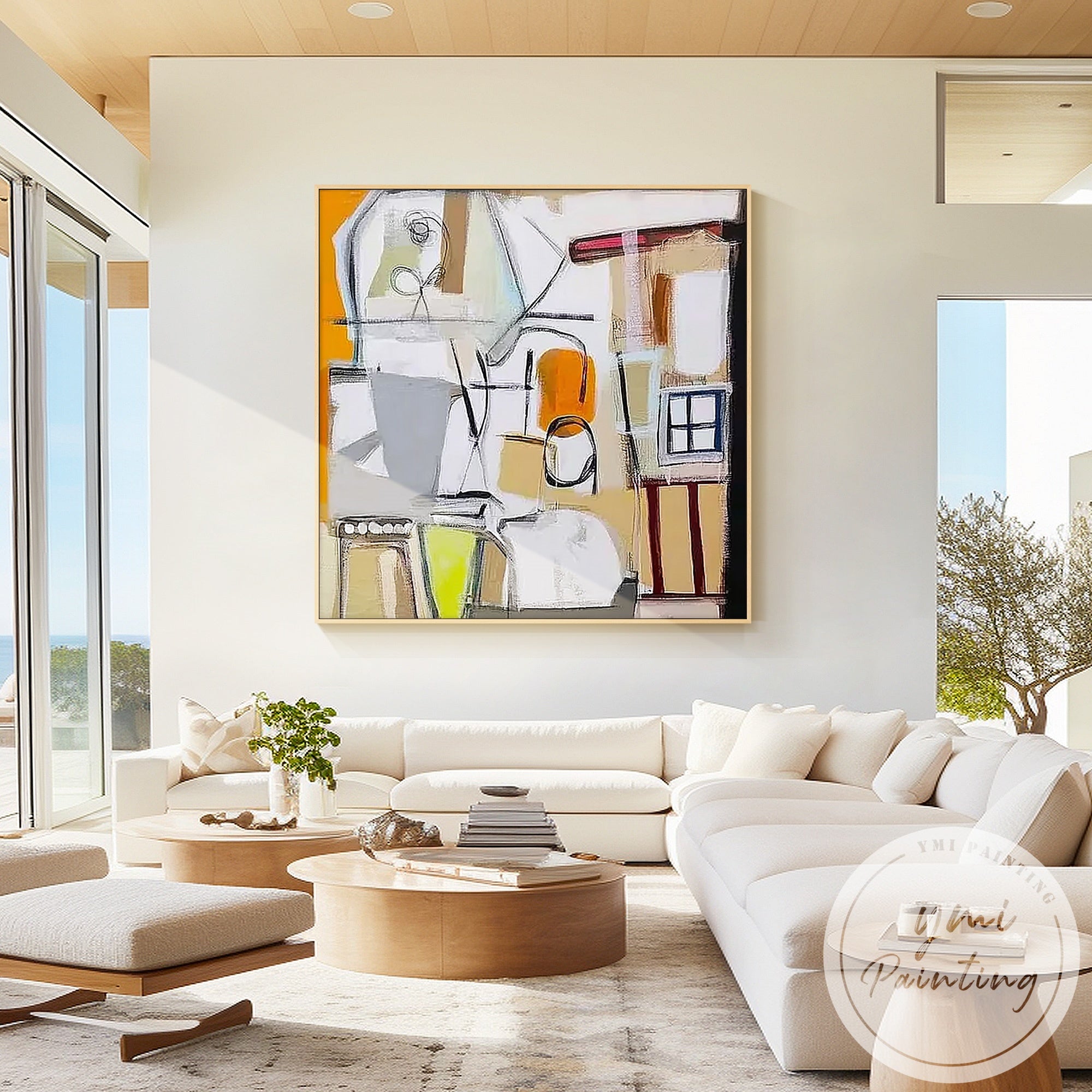 Contemporary hand-painted geometric art with bold colors