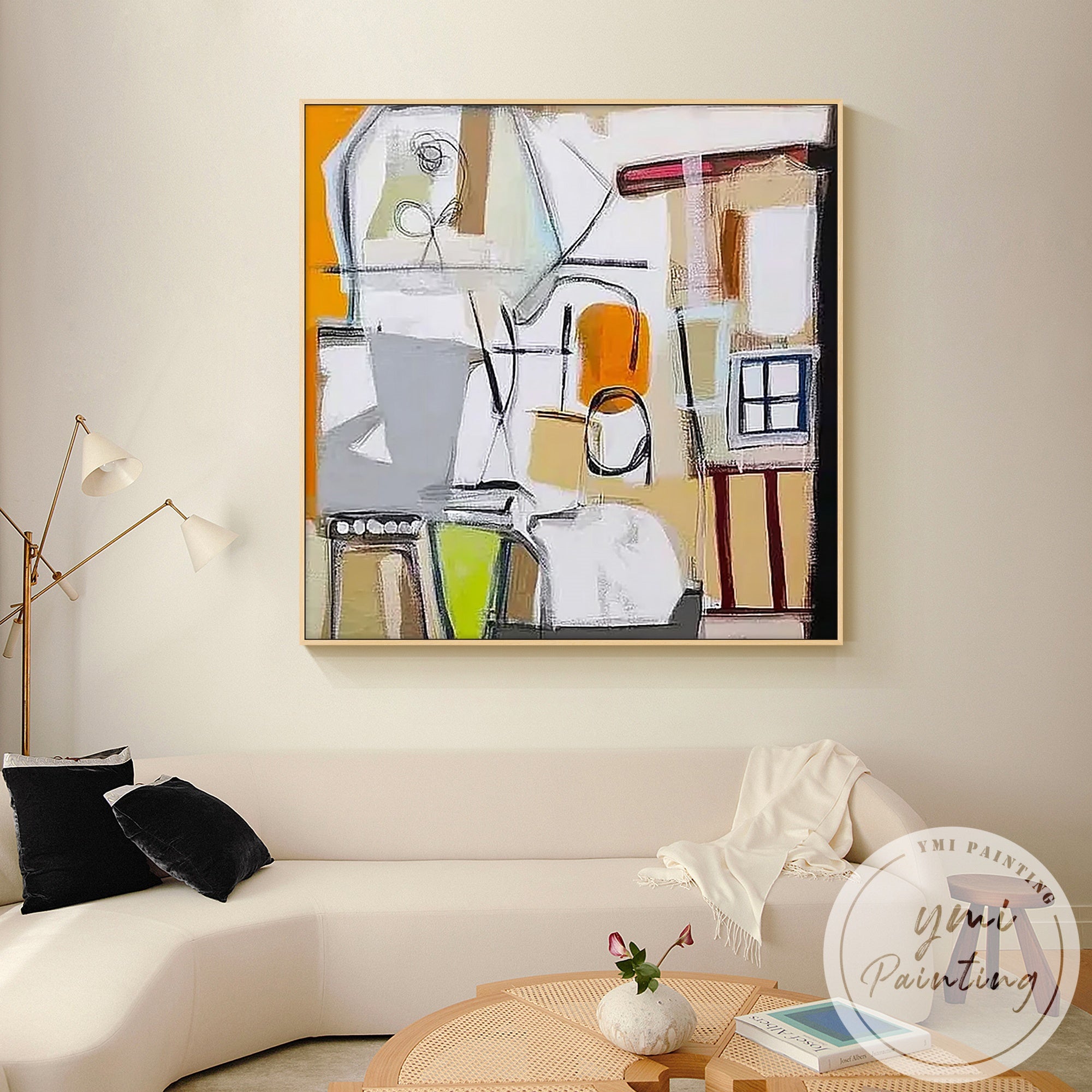 Geometric abstract canvas in orange, yellow, and beige tones