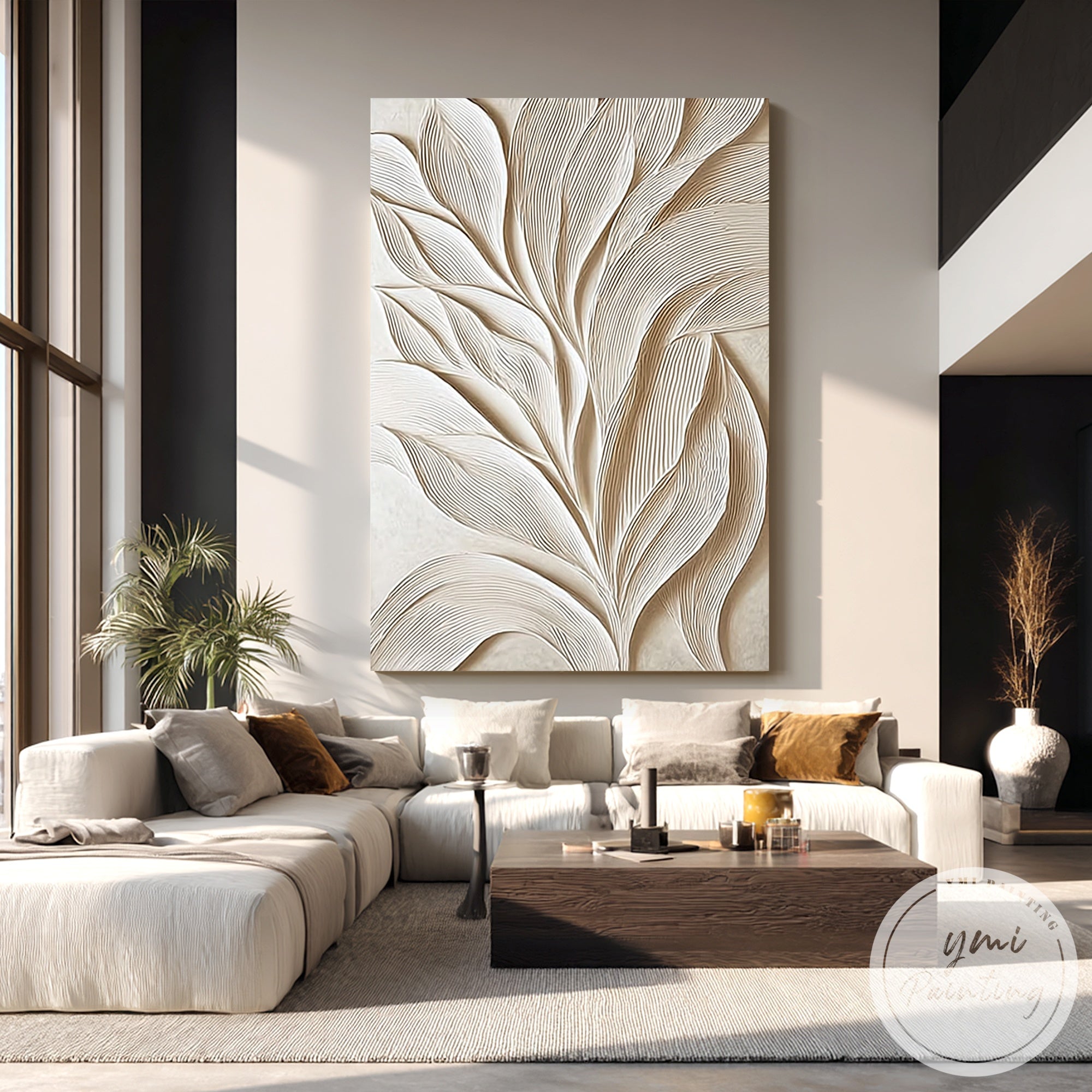 minimalist leaf relief abstract canvas neutral tones
