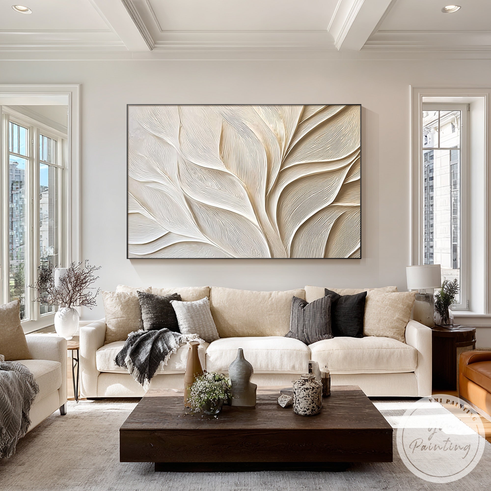 textured botanical abstract art ivory beige tones