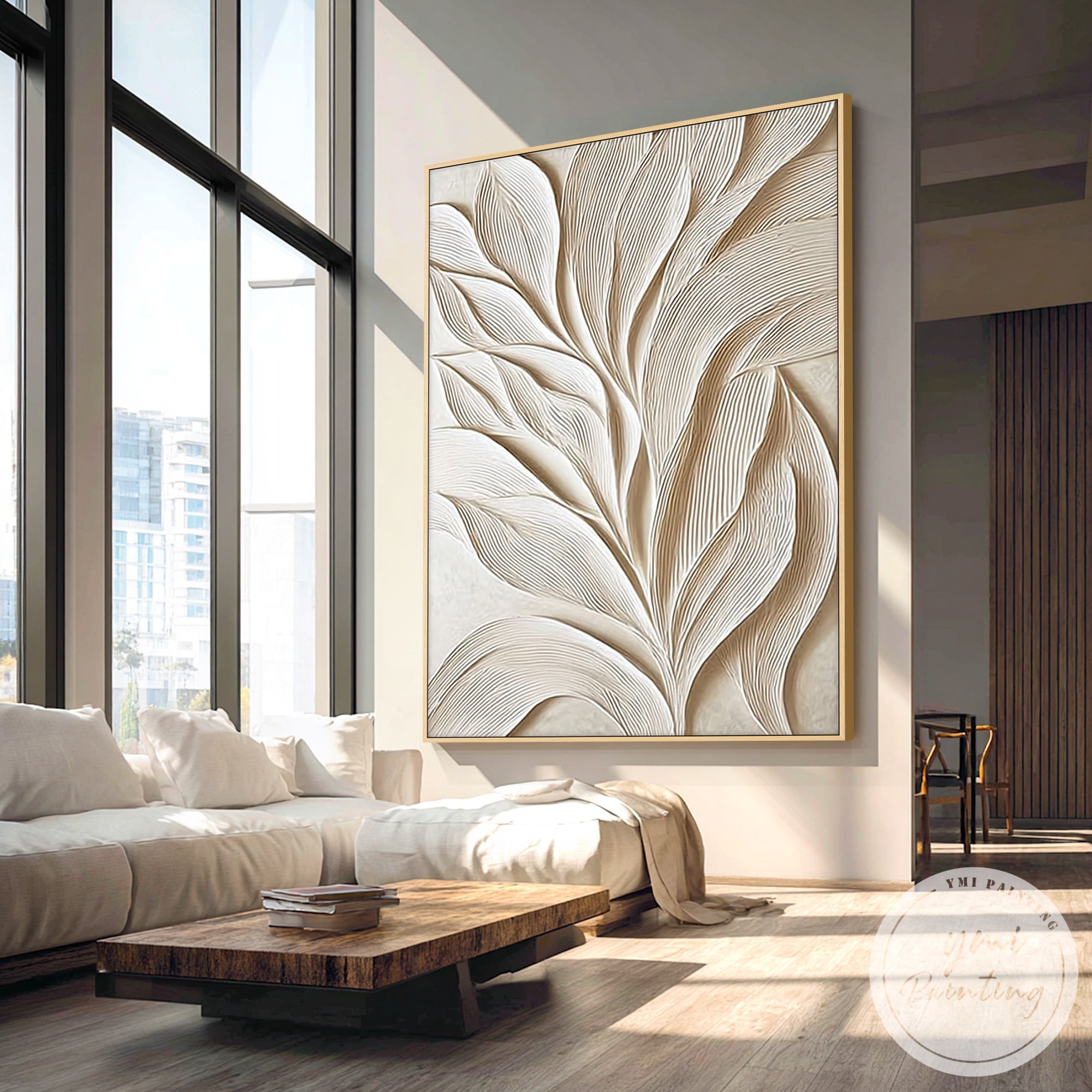 beige botanical abstract canvas with fine line texture