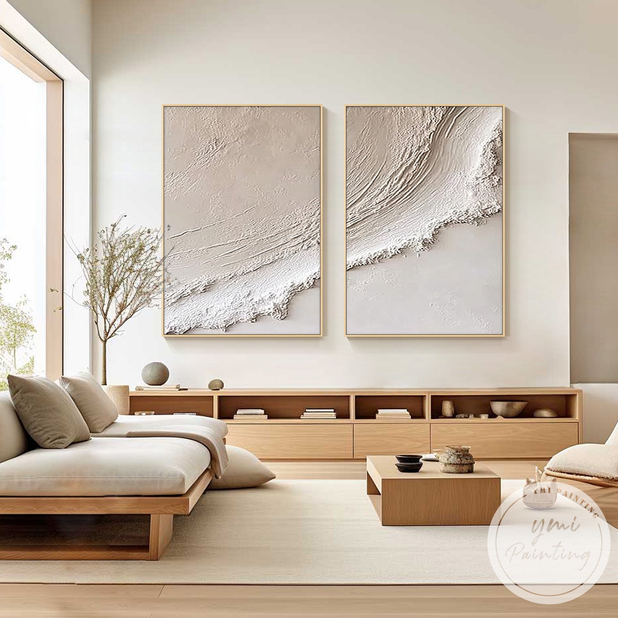 neutral tone diptych painting with raised texture detail