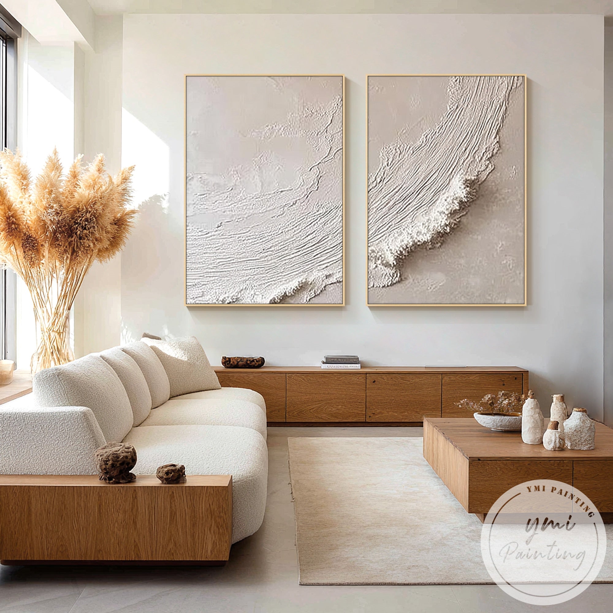 abstract two panel canvas beige tone textured surface