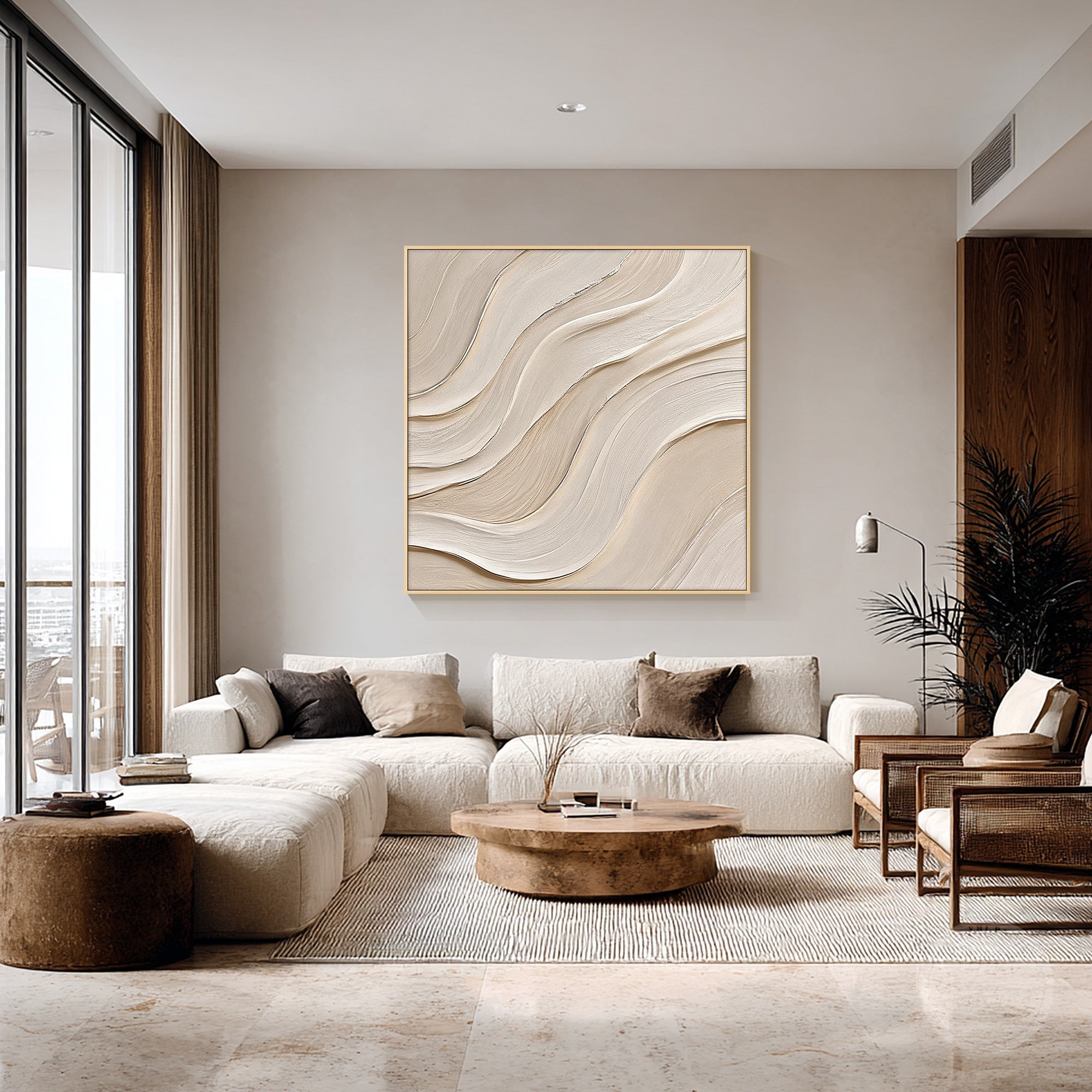 Hand painted minimalist beige abstract painting with raised texture