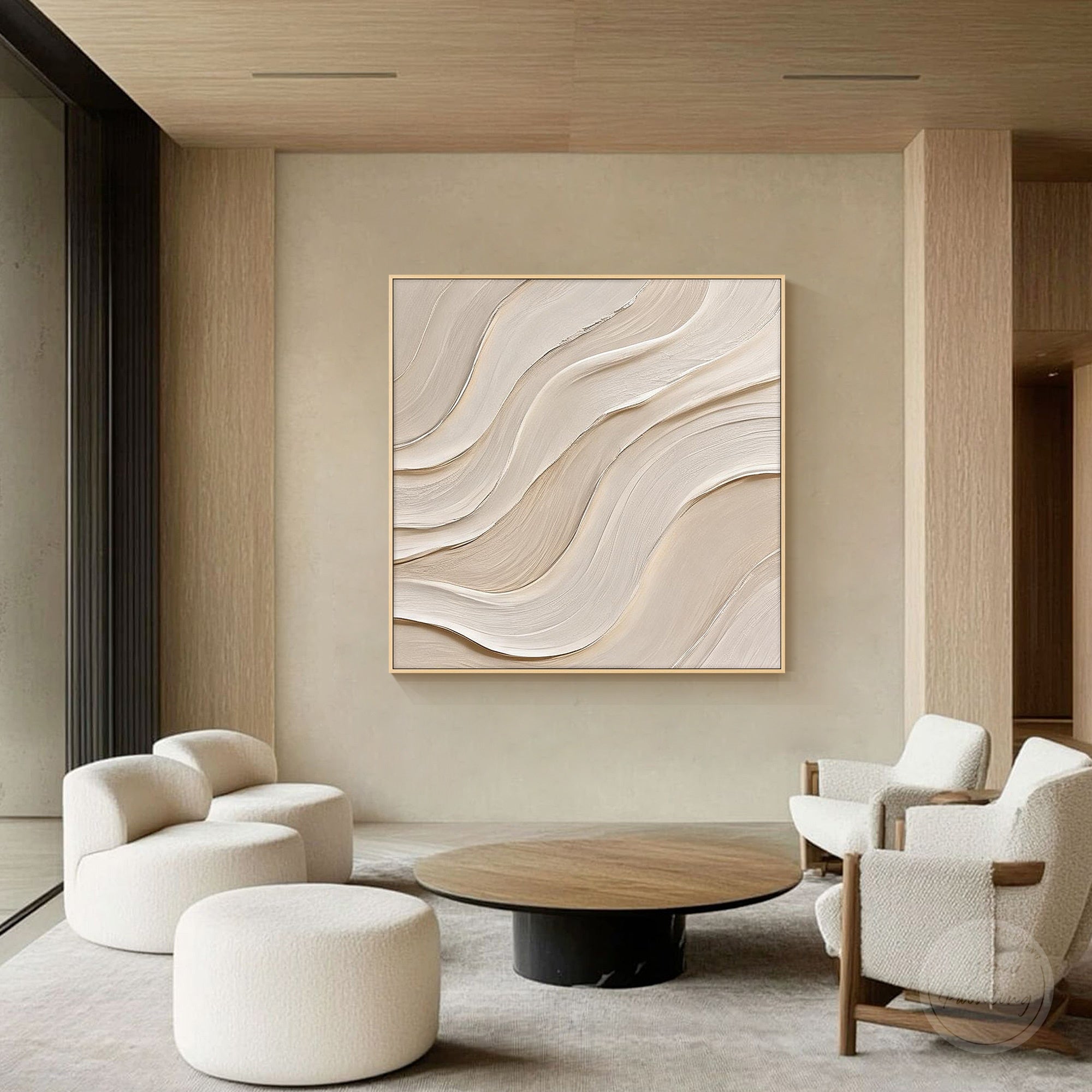 Handcrafted textured canvas art with soft beige curved lines