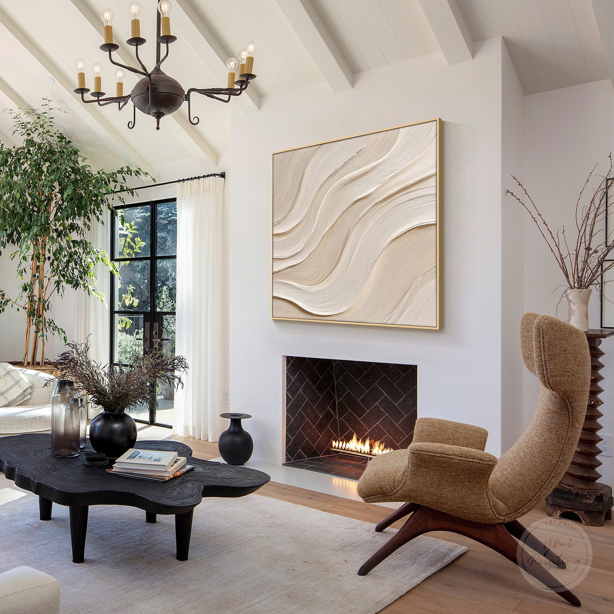 3D plaster style beige abstract wall decor with flowing curves