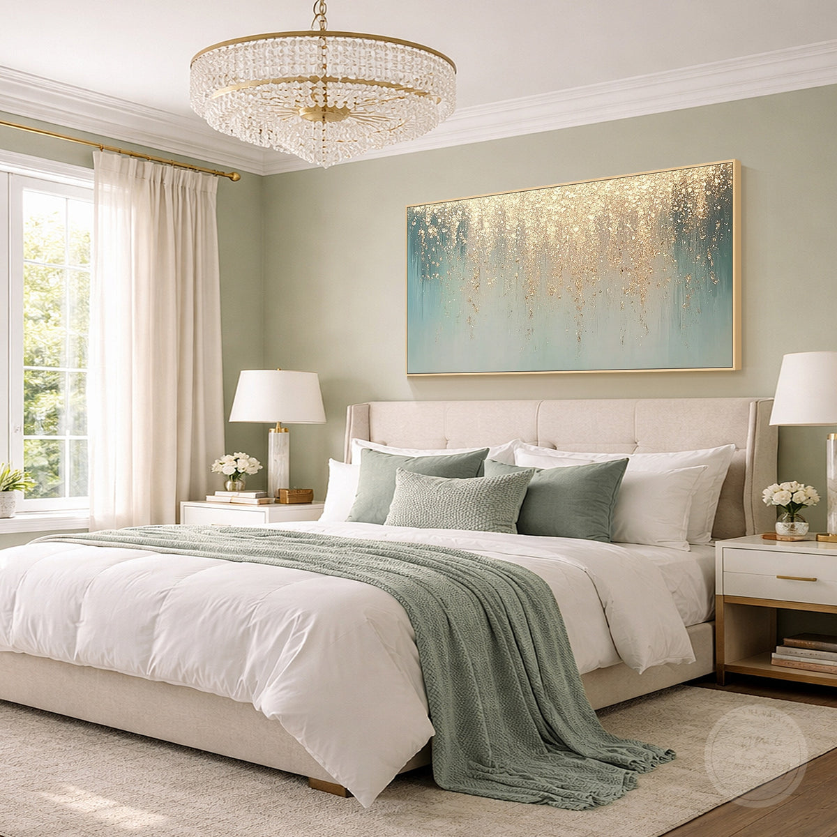 Neutral blue green abstract painting with gold