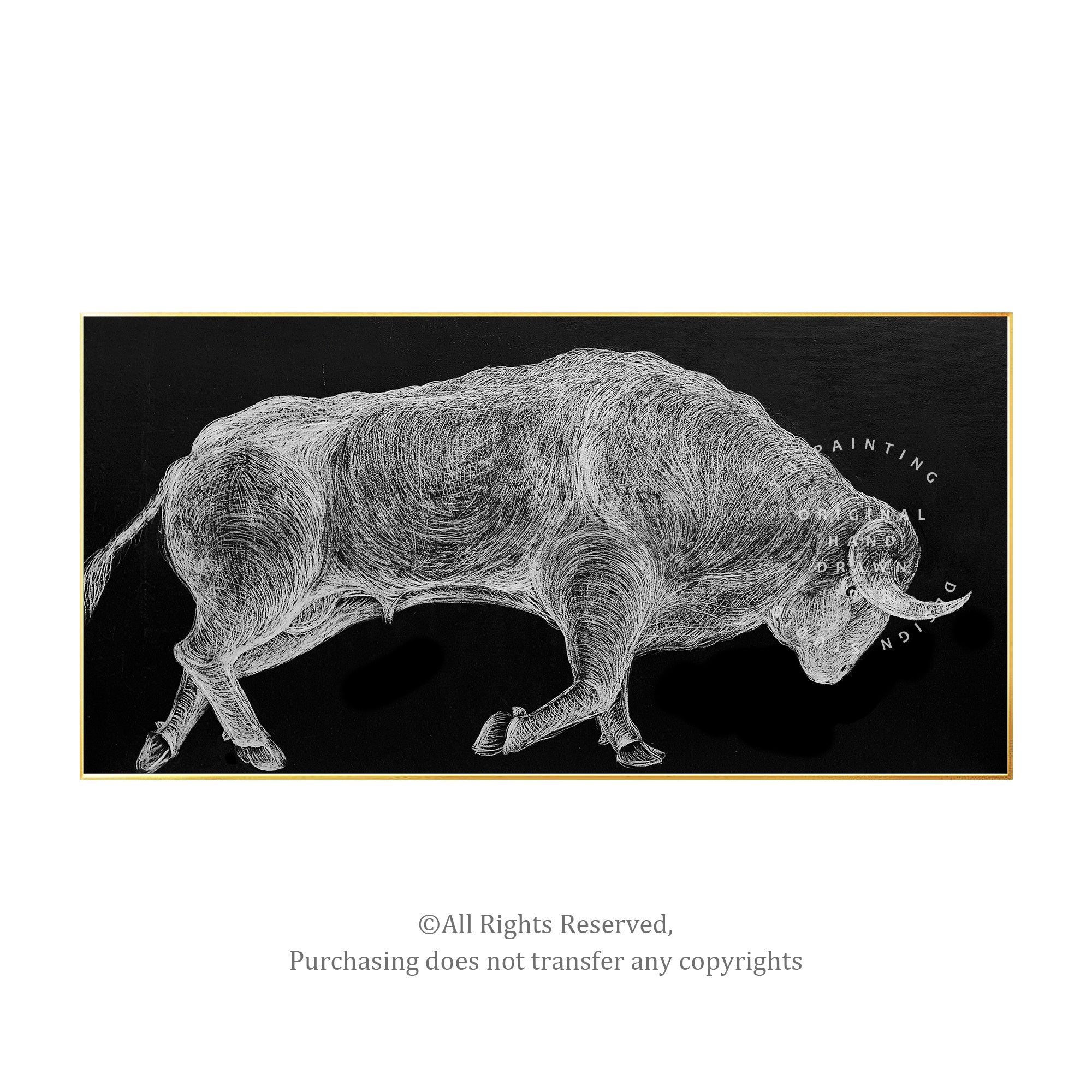 Metallic silver bull painting, a bold statement piece that brings strength and power to any space.
