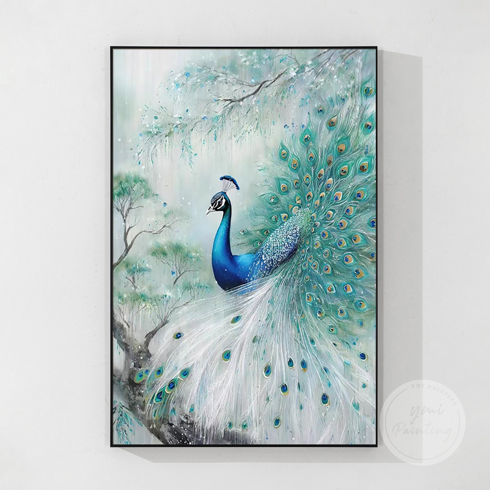 Elegant peacock wall decor in luxurious turquoise and gold, a meaningful gift for anniversary celebrations, ideal for prominent wall spaces in grand homes.
