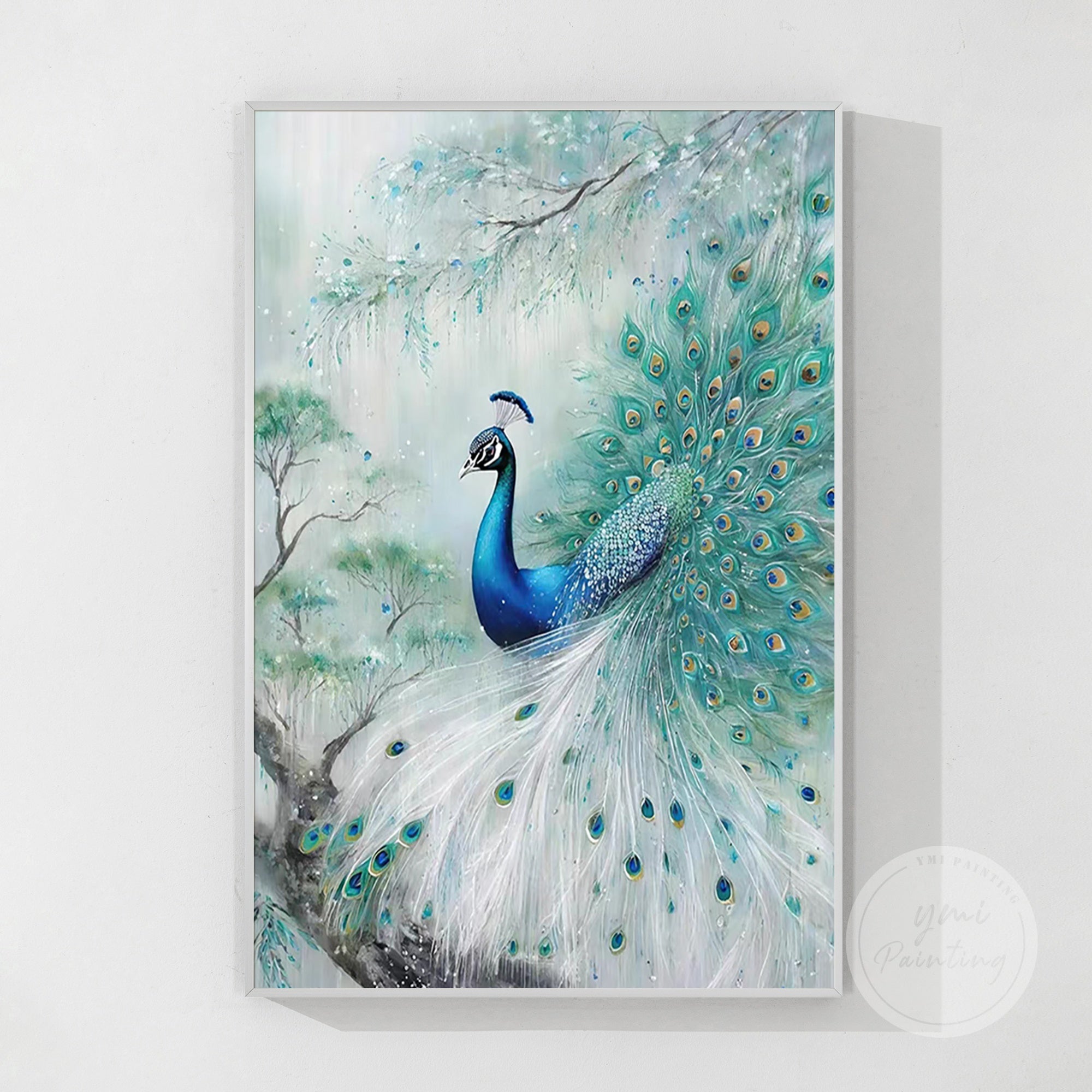 High-end turquoise peacock painting, a perfect gift for special occasions, enhancing the elegance of luxury spaces such as living rooms or hotel lobbies.