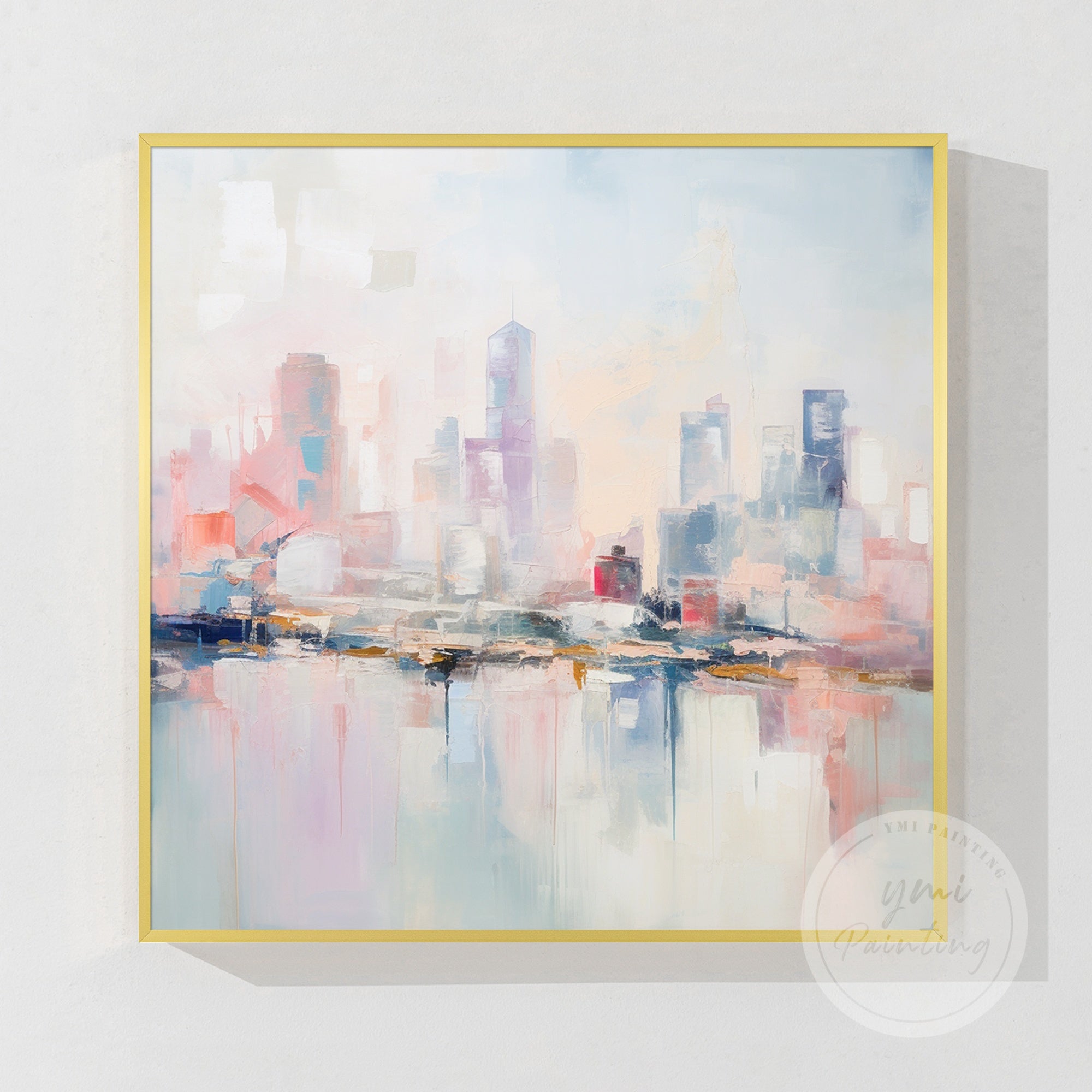 Large pastel cityscape wall art with a calming pink and blue color palette, ideal for modern spaces that require a serene, elegant touch.