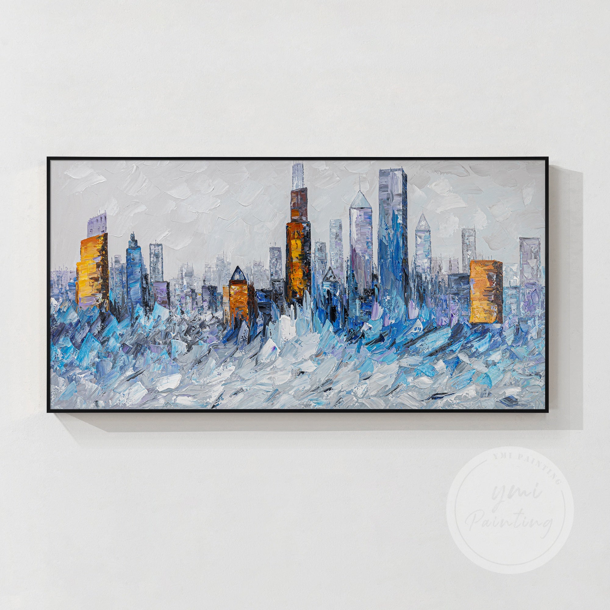 Large, framed Chicago wall art, showcasing the stunning combination of blue and gold tones that represent the city’s modern elegance.