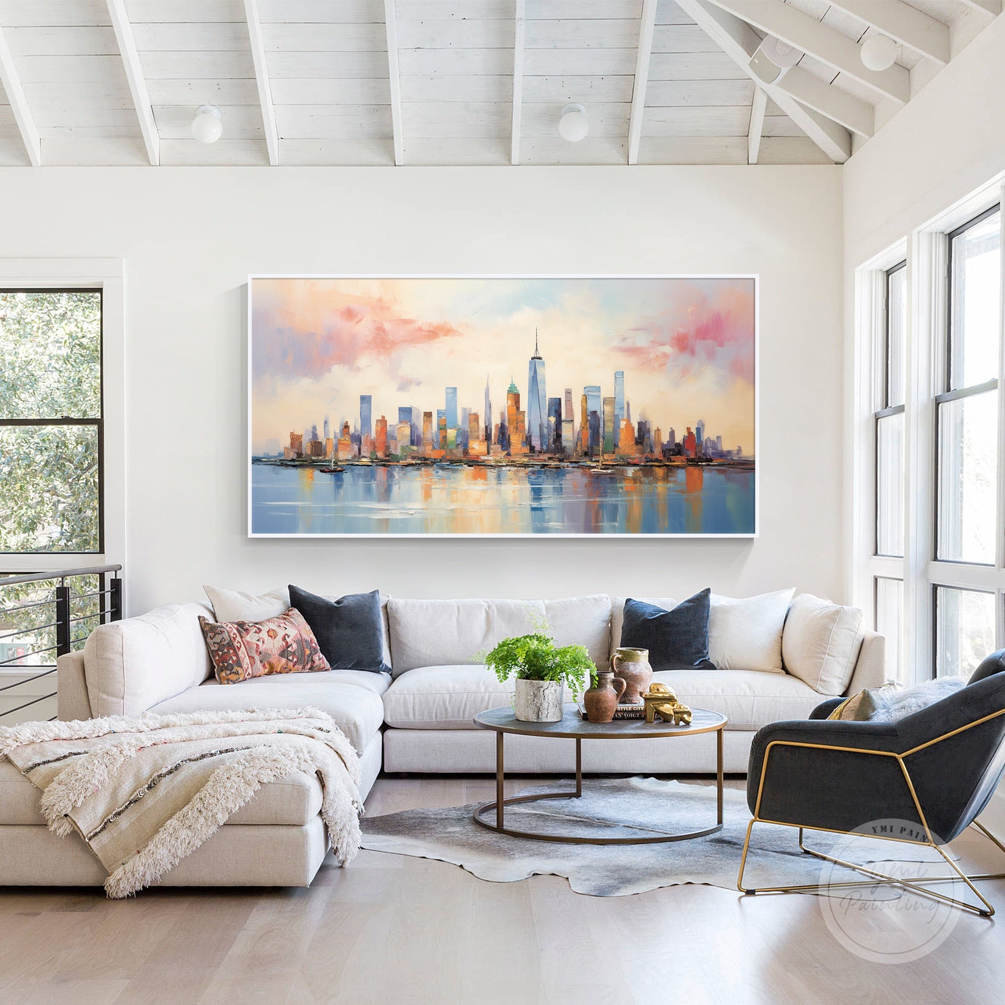 Large textured NYC skyline painting for living room
