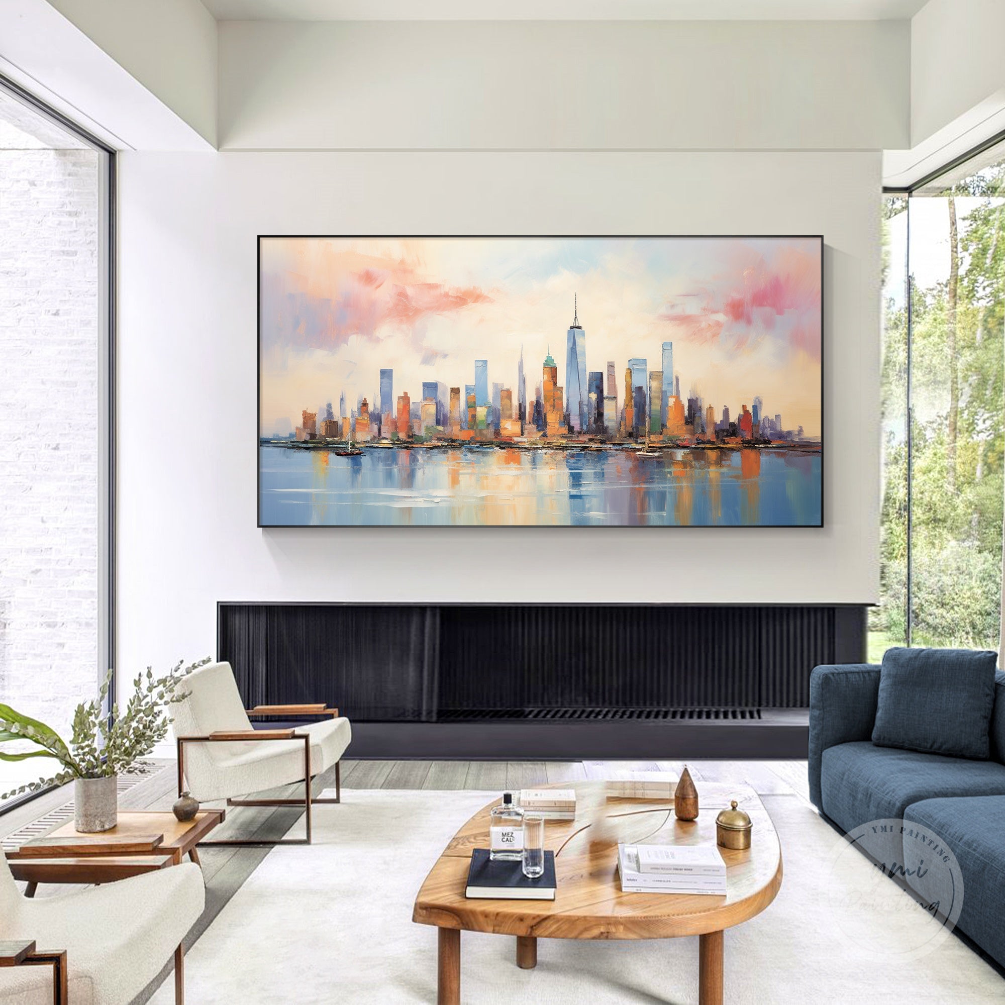 Gold and blue cityscape canvas art with abstract style