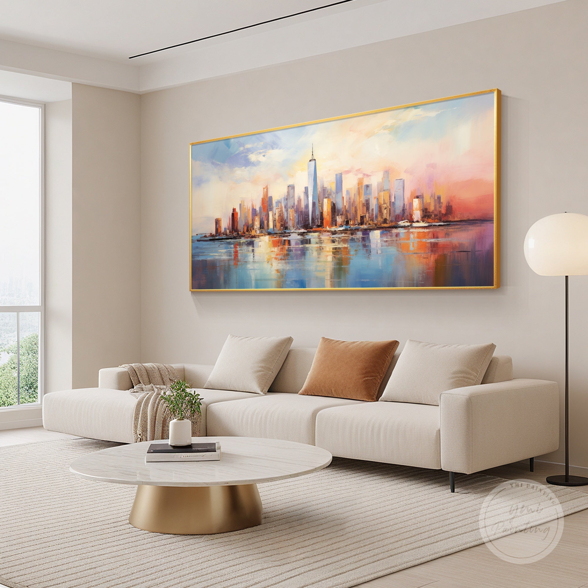 Hand-painted abstract urban skyline art