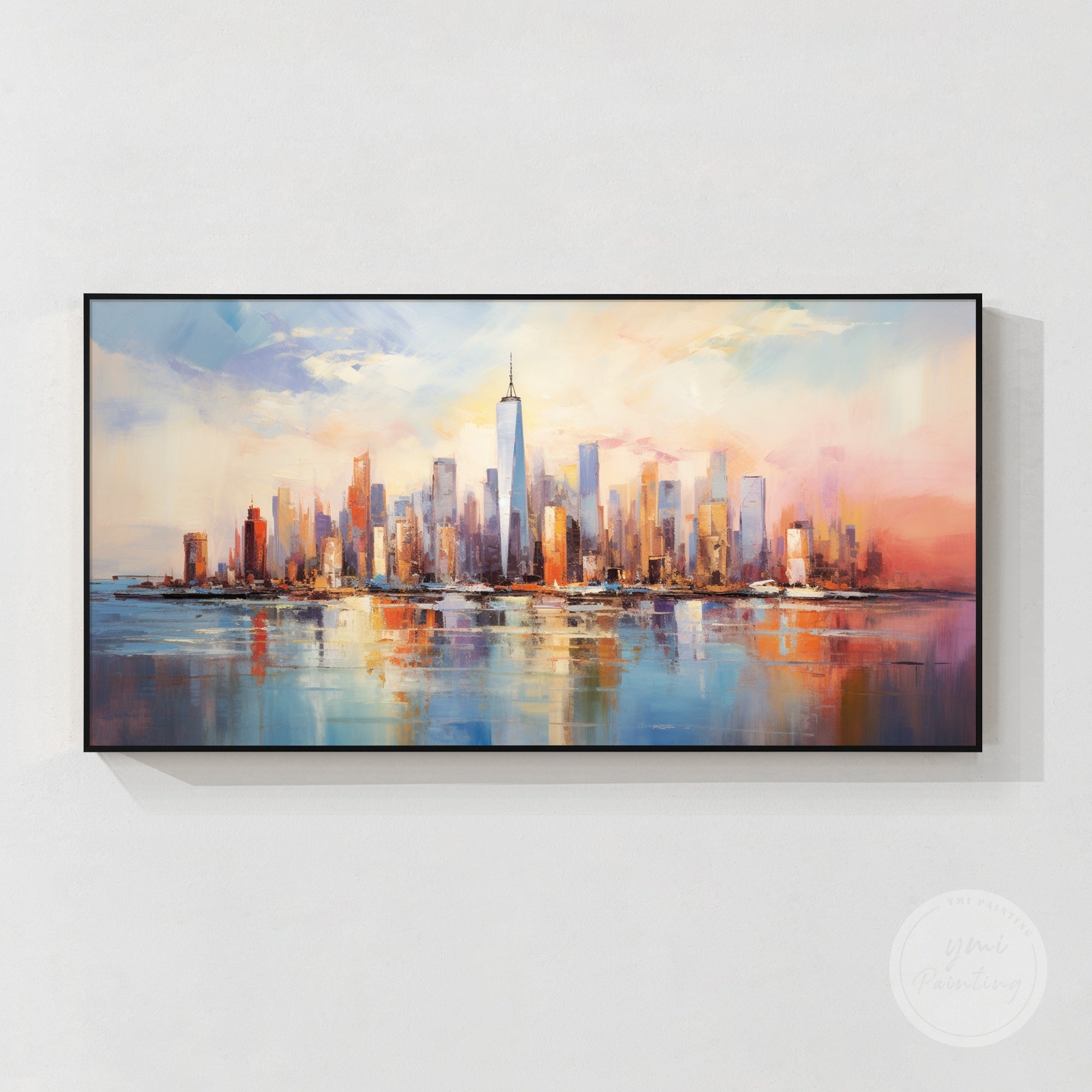 Modern skyline painting with layered textures