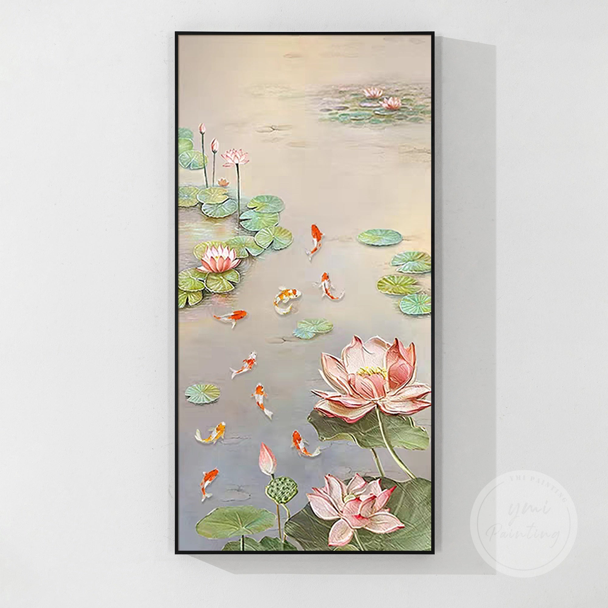 Elegant Lotus and 9 Koi Fish Oil Painting, showcasing nine koi fish and blooming lotus flowers, offering prosperity and vitality through an exquisite and luxurious design.