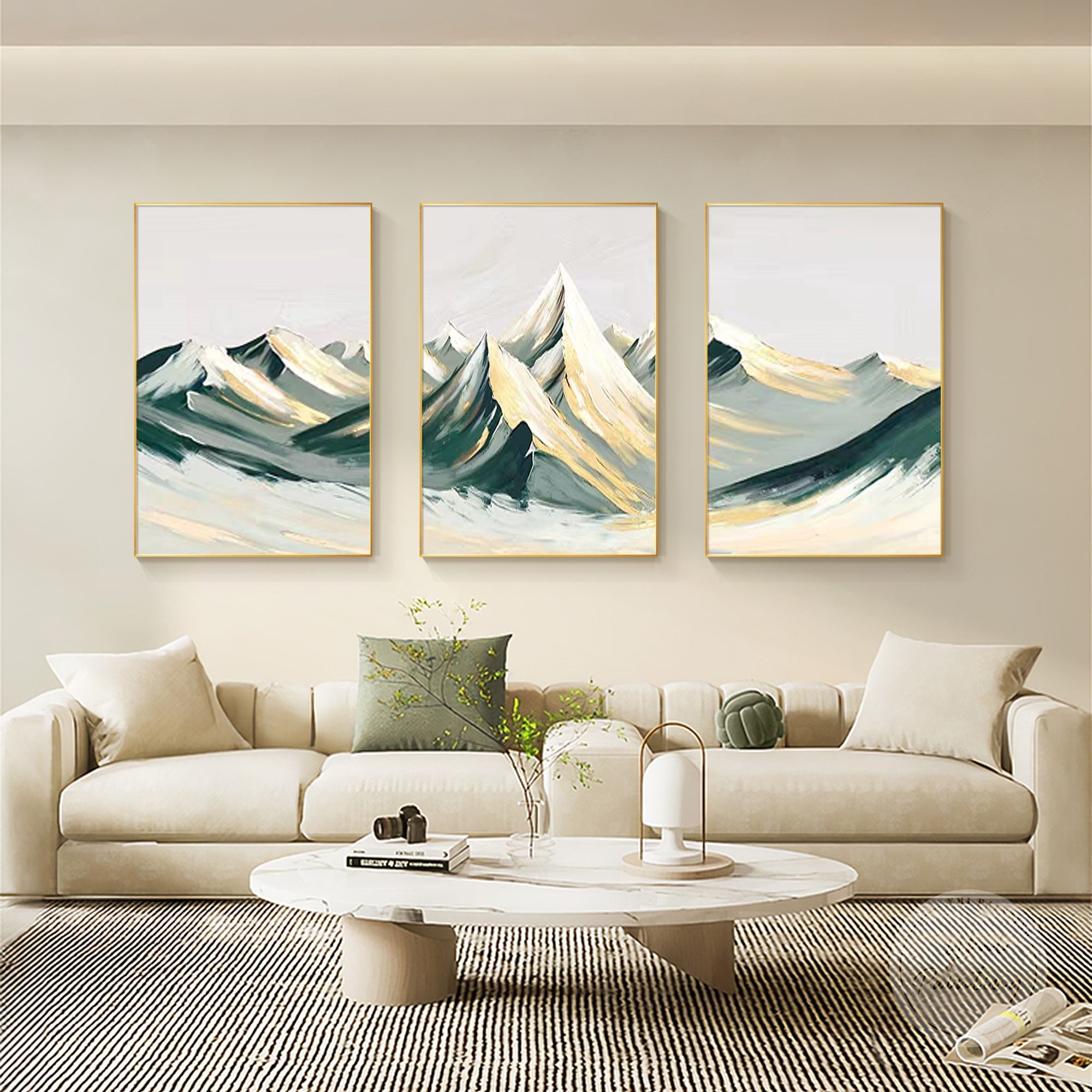 Hand-painted abstract landscape painting with vibrant green, teal, and gold tones.