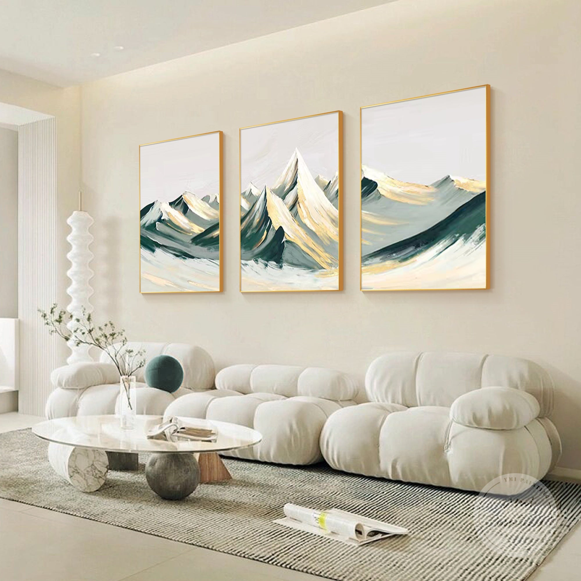 Abstract landscape painting with teal, green, and gold tones for modern home decor.