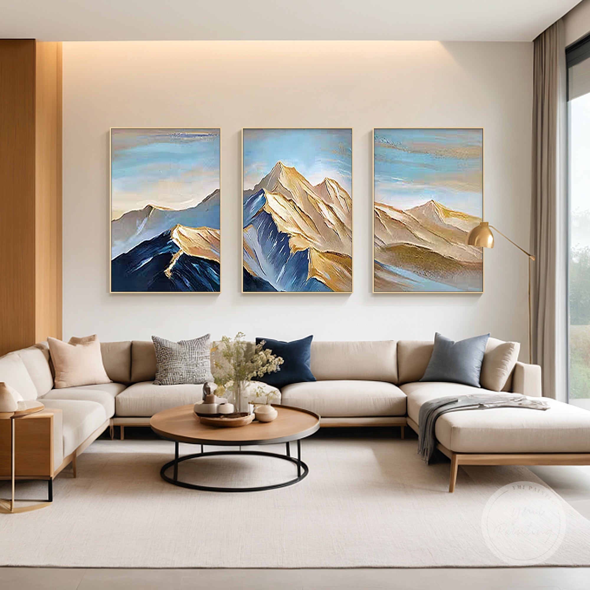 Hand-painted abstract landscape painting with vibrant teal, navy, and gold tones.