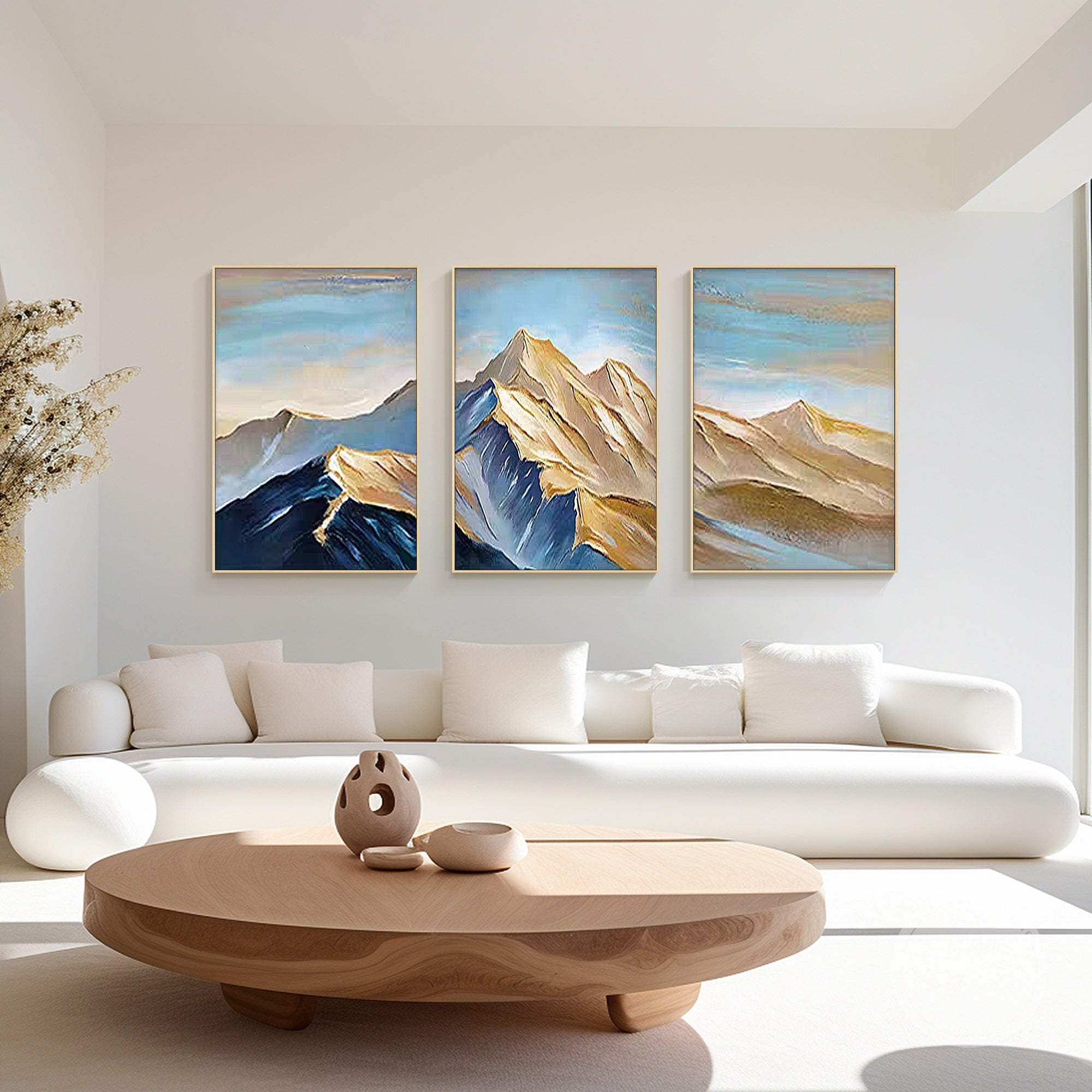 Abstract mountain artwork with layered textures and rich color tones in teal and gold.