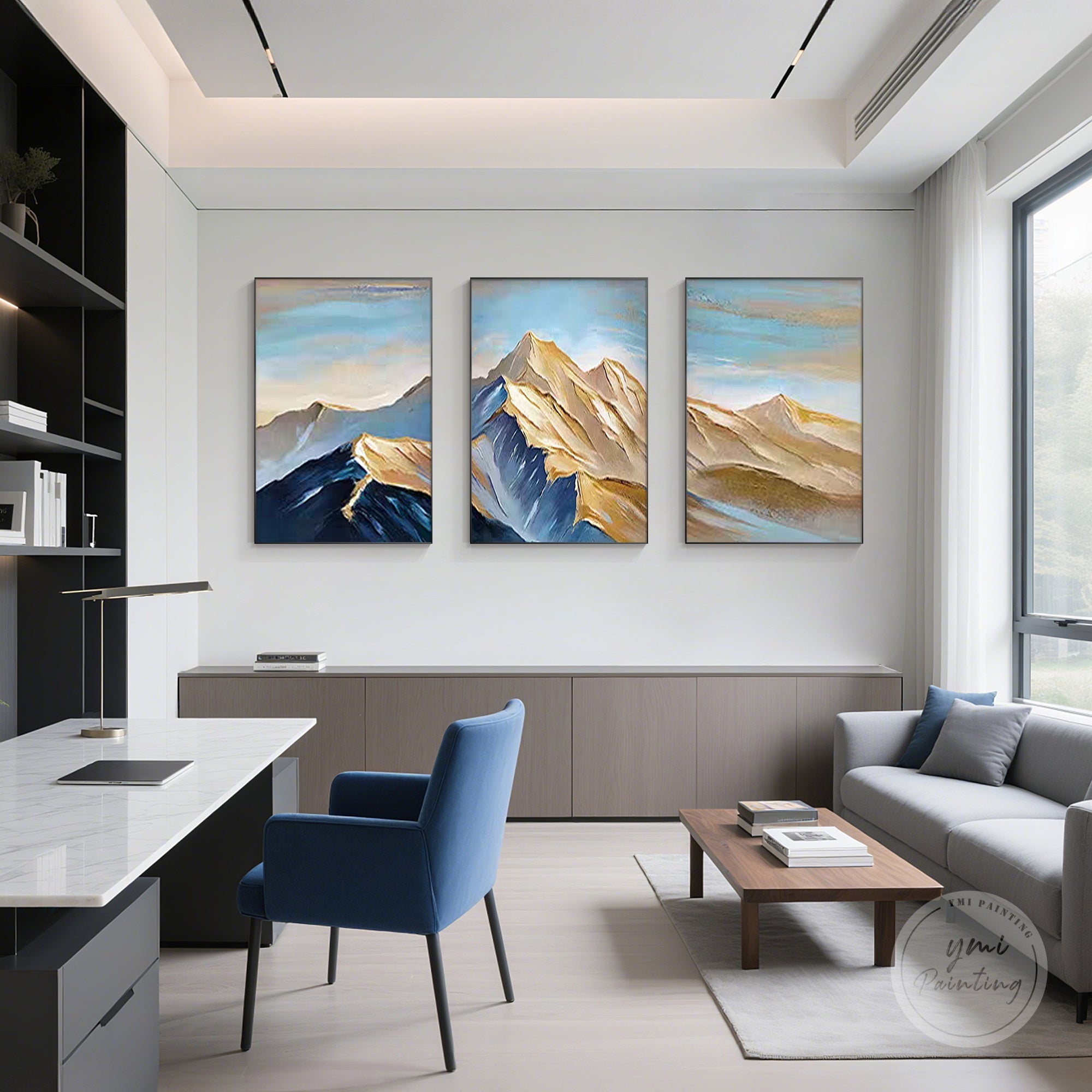 Large mountain wall art in three pieces with textured gold and navy accents.