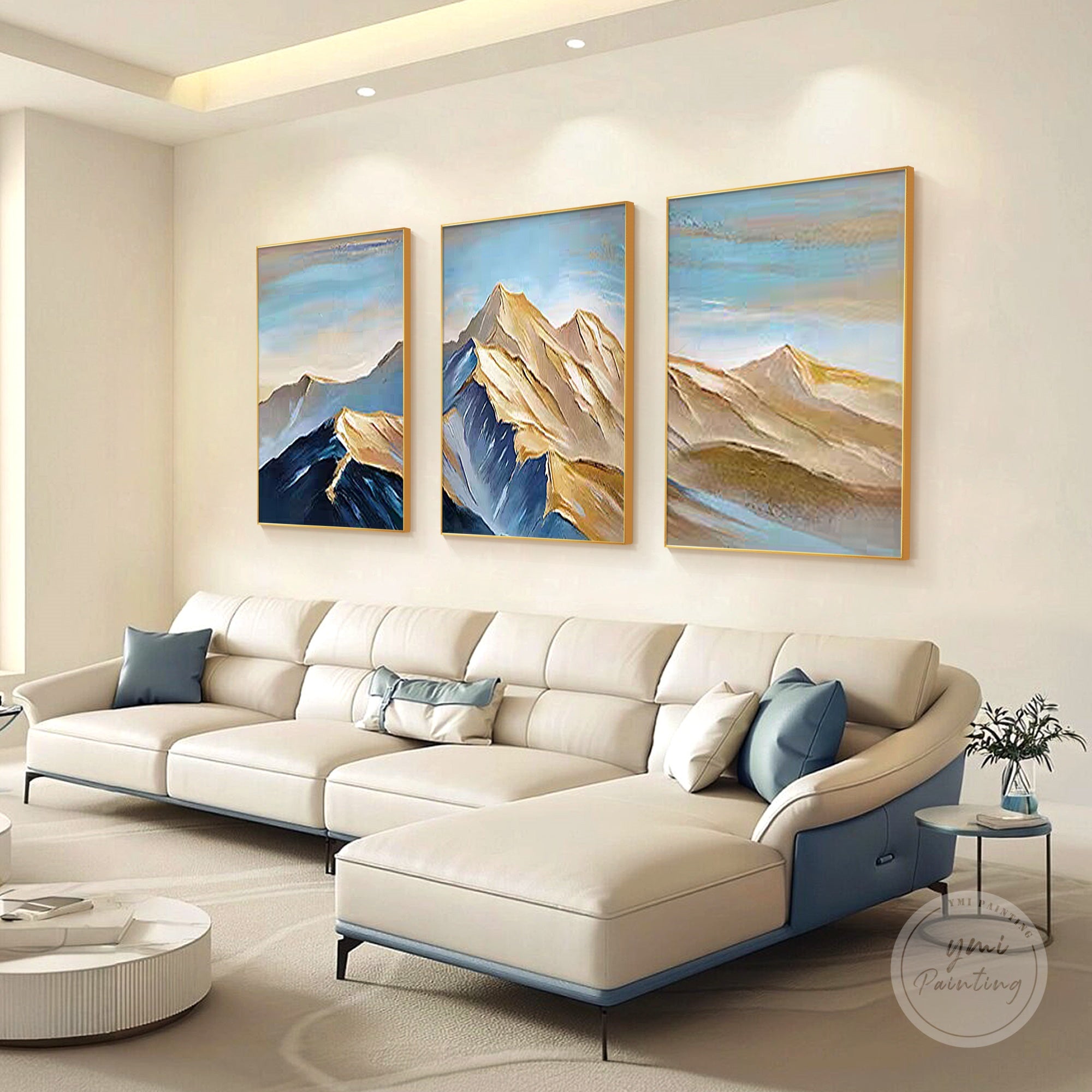 Modern abstract landscape painting with deep blue, gold, and teal tones for a dramatic effect.