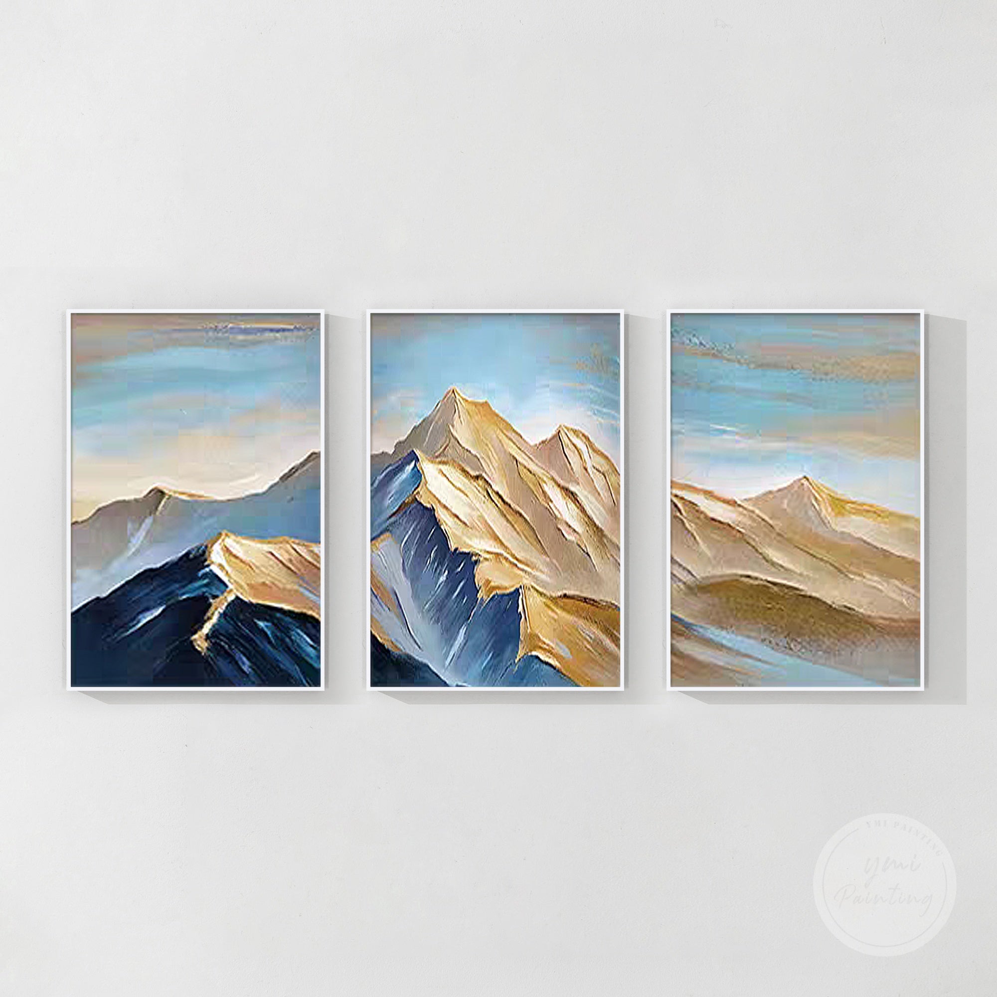 Dramatic abstract mountain artwork with textured palette knife strokes in teal and navy.