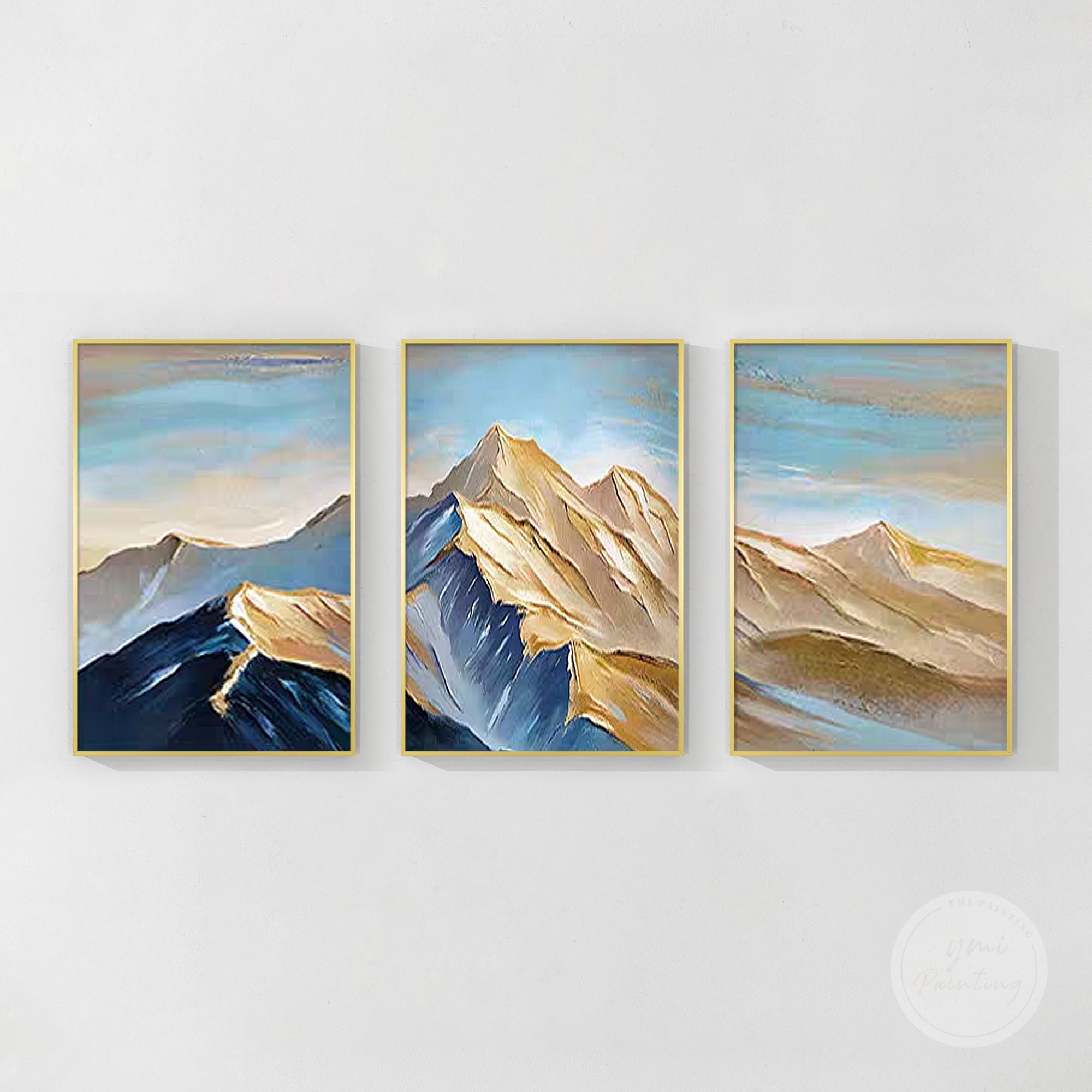 Palette knife textured mountain painting set, blending teal, navy, and gold for sophisticated decor.