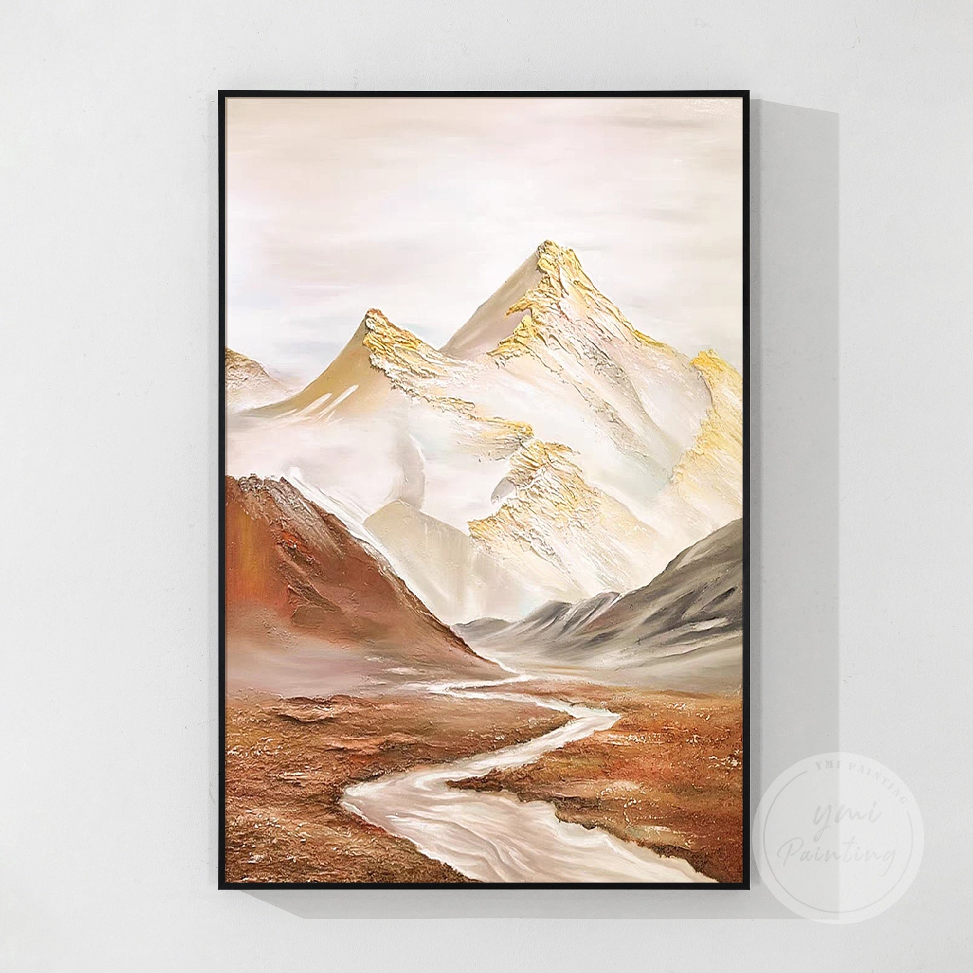 Gold and ochre tones in this textured mountain painting with a river landscape, a luxury addition to modern living room or office decor.