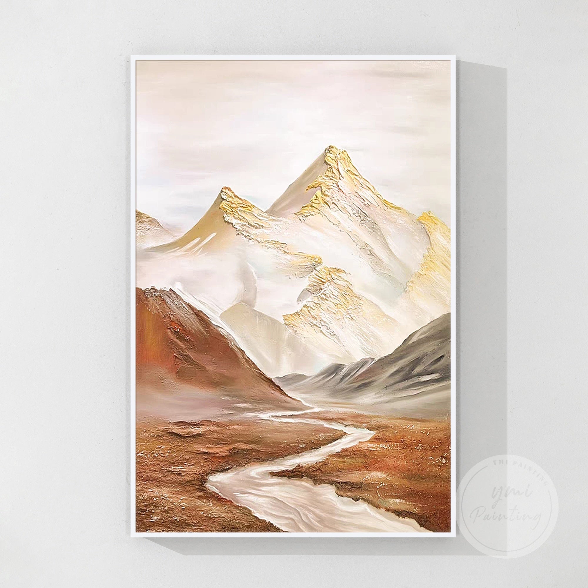 Textured abstract mountain landscape art featuring rich gold tones and warm ochre valley, ideal for creating a sophisticated focal point.