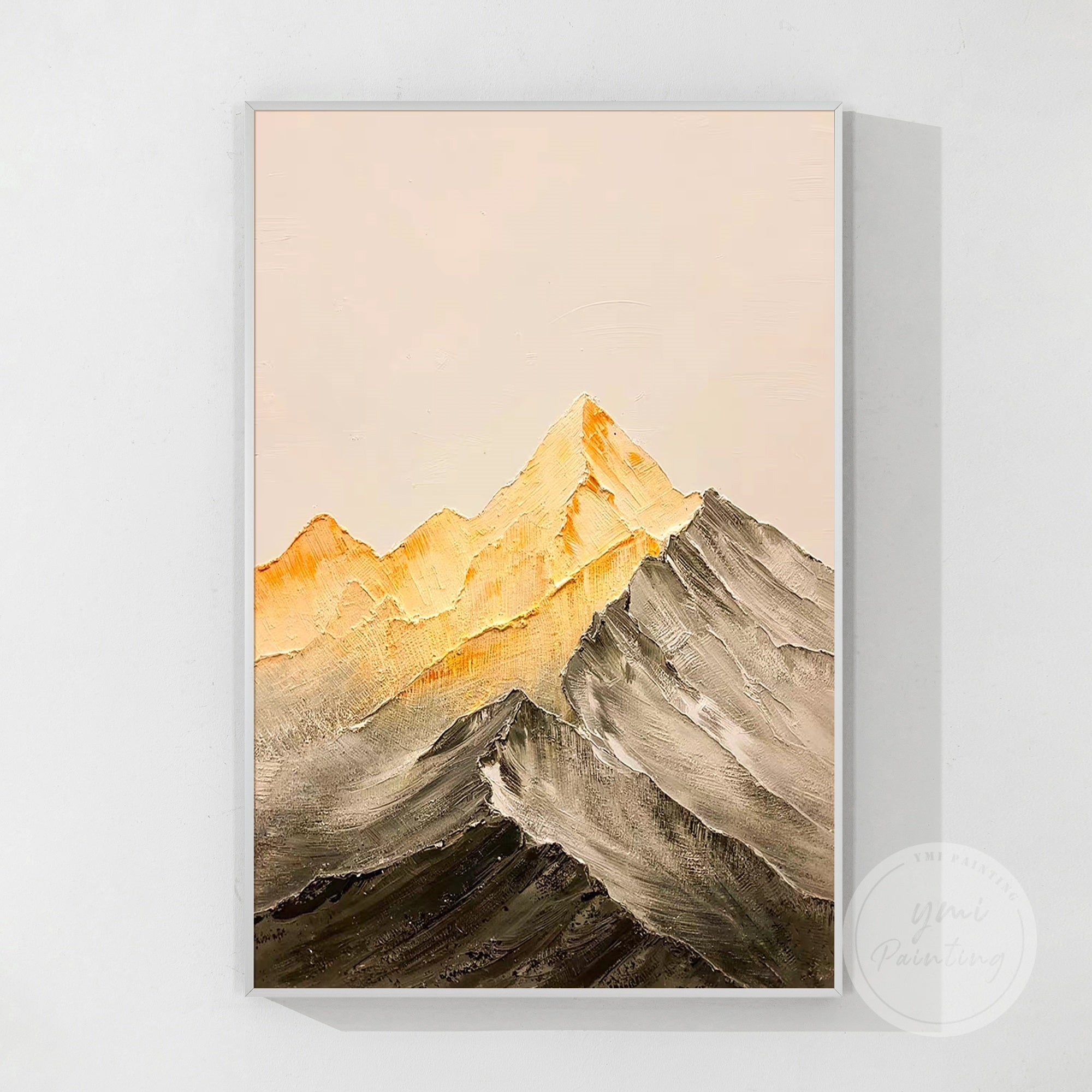 Beautiful large gold mountain painting with rich textures and twilight tones, ideal for housewarming gifts, perfect for creating warmth in living rooms or lounges.