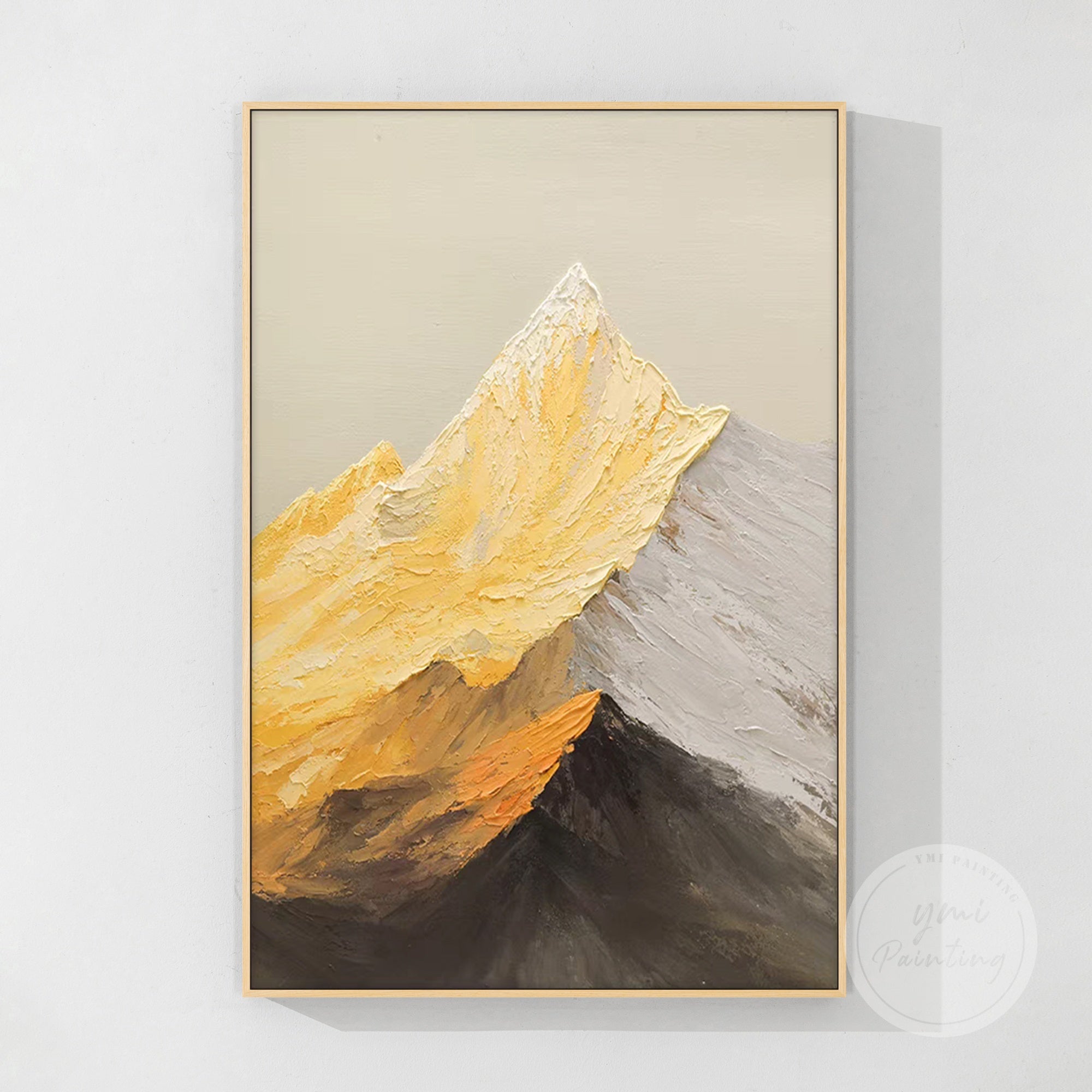 Luxury golden landscape painting depicting mountain silhouettes, an ideal gift for professionals or executives, adding depth and tranquility to office conference rooms or private studies.