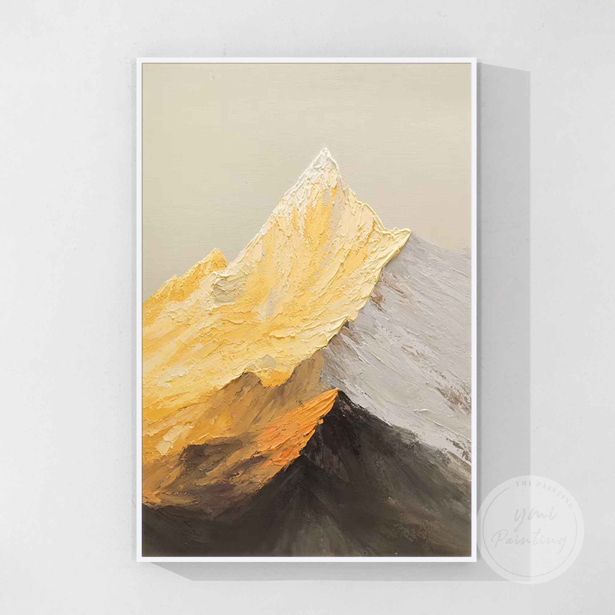 Palette knife mountain artwork with golden metallic layers, ideal for gifting to art enthusiasts and creating an inspiring atmosphere in minimalist or modern interiors.