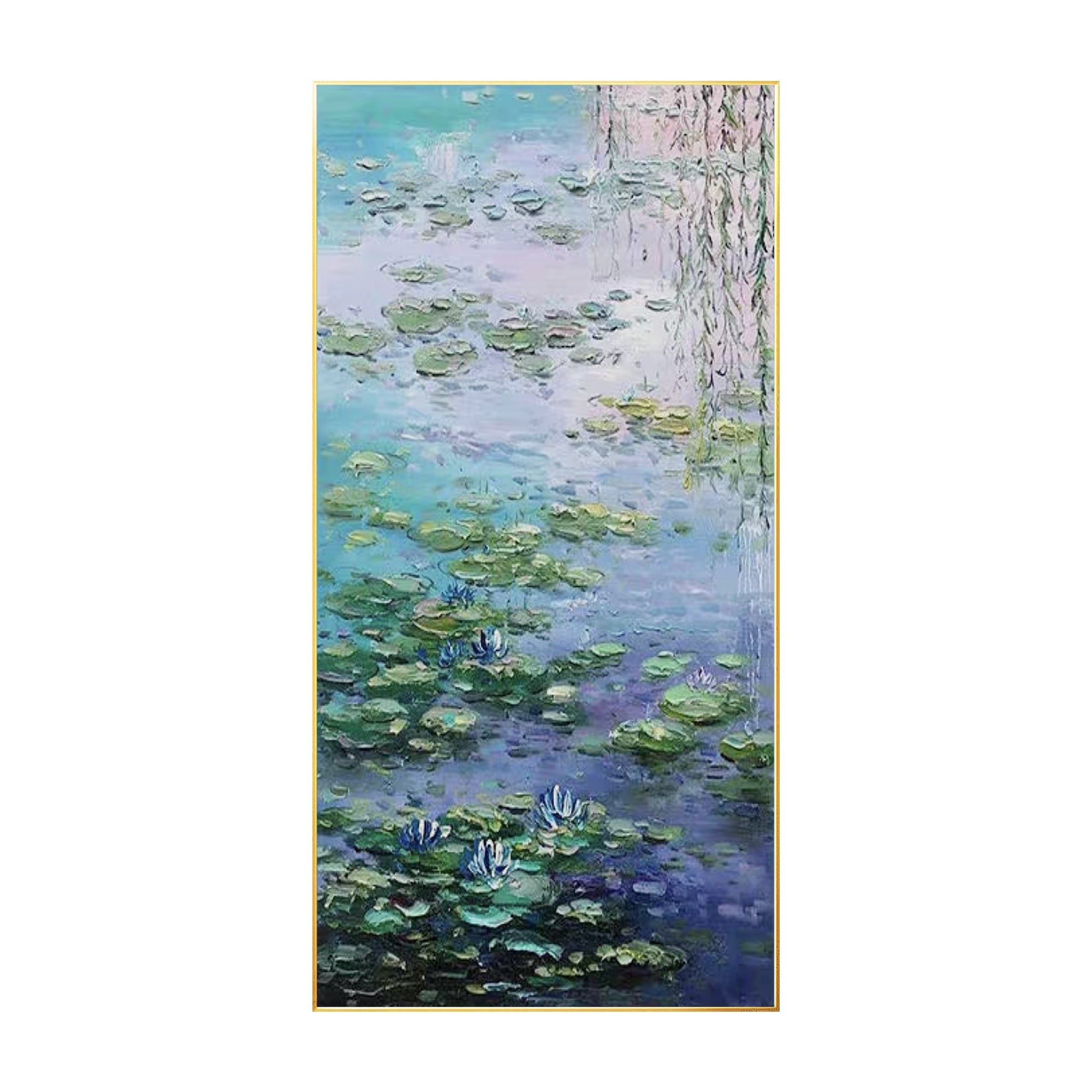 Abstract floral painting with green lotus leaves and blue lily blossoms.