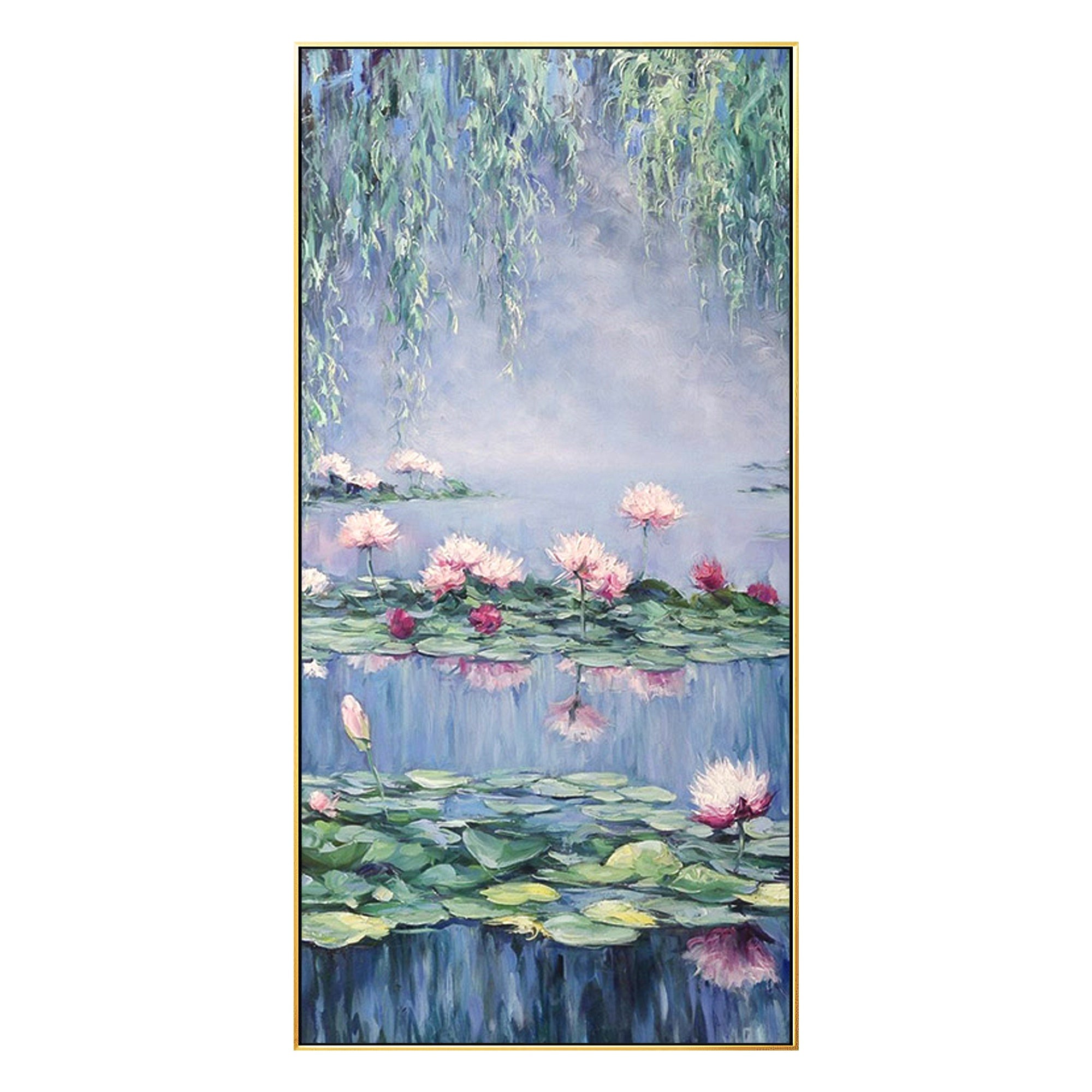 Blue Lotus Pond Painting in Claude Monet’s impressionist aesthetic, framed for modern wall decor.