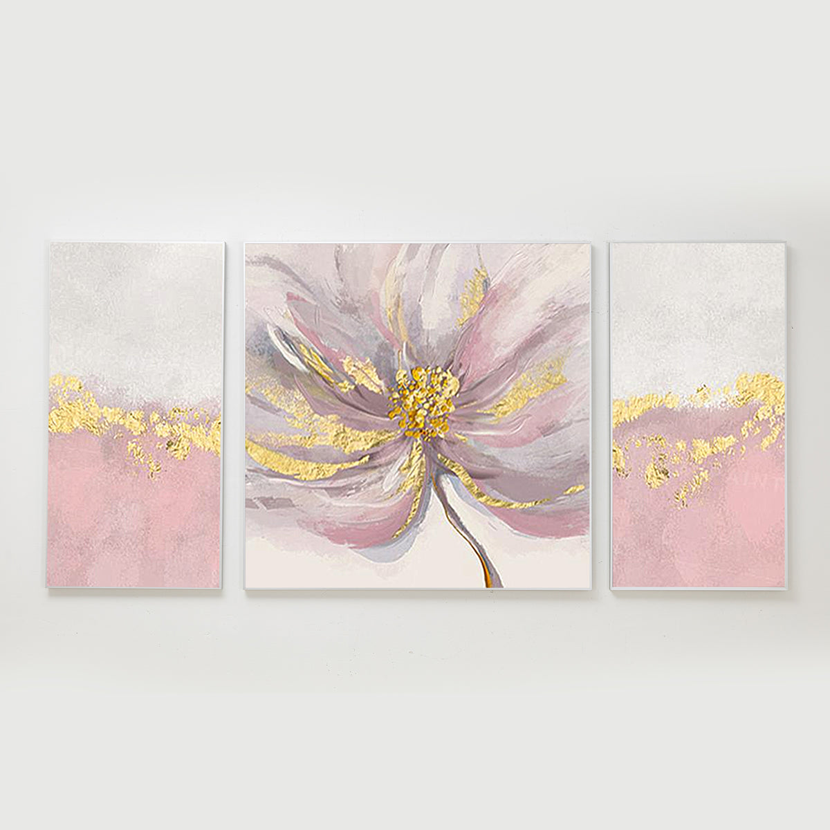 金箔のアクセントが付いたピンクの花柄ウォールアート絵画3点セット