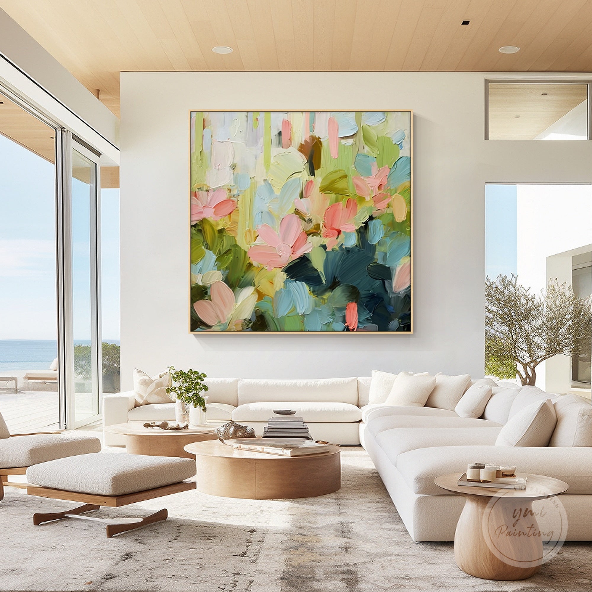 Hand-painted original flower wall art with textured details, ideal for a living room wall.