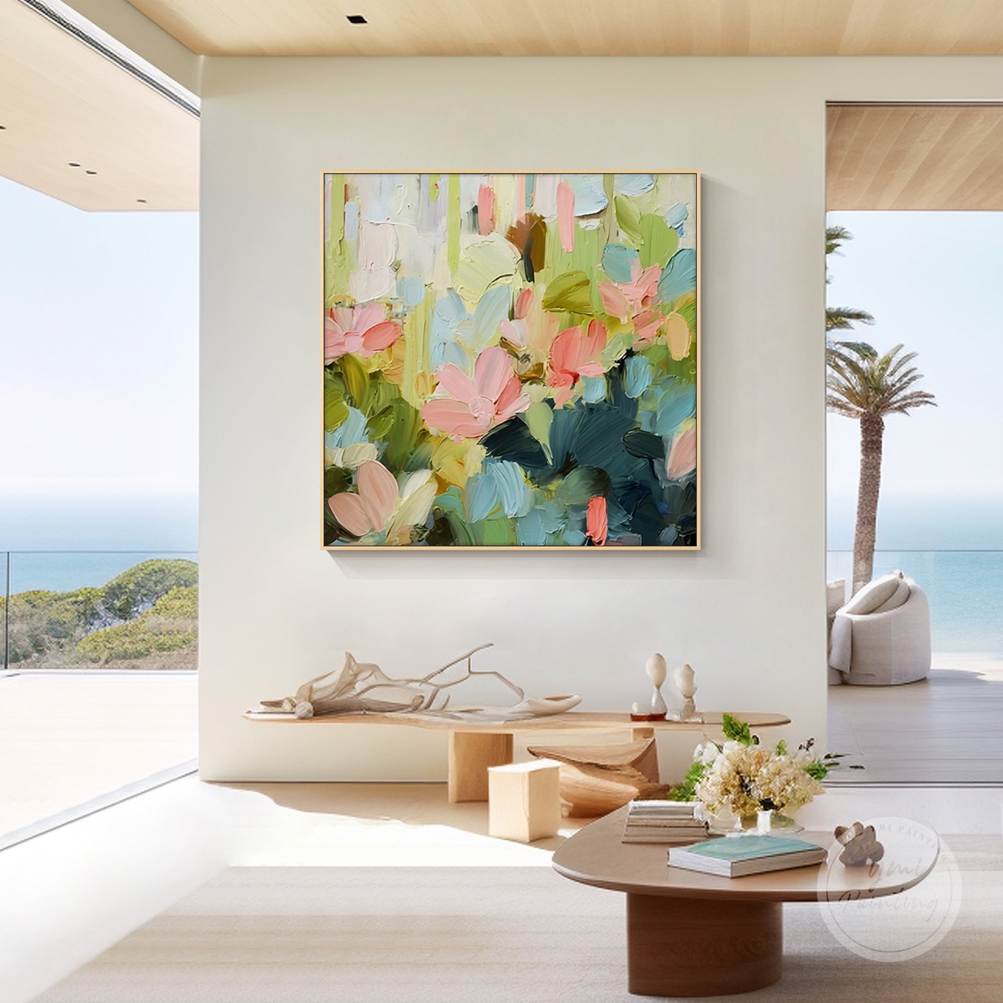 Bold flower wall art with textured brushstrokes and vibrant tones, creating a modern atmosphere.