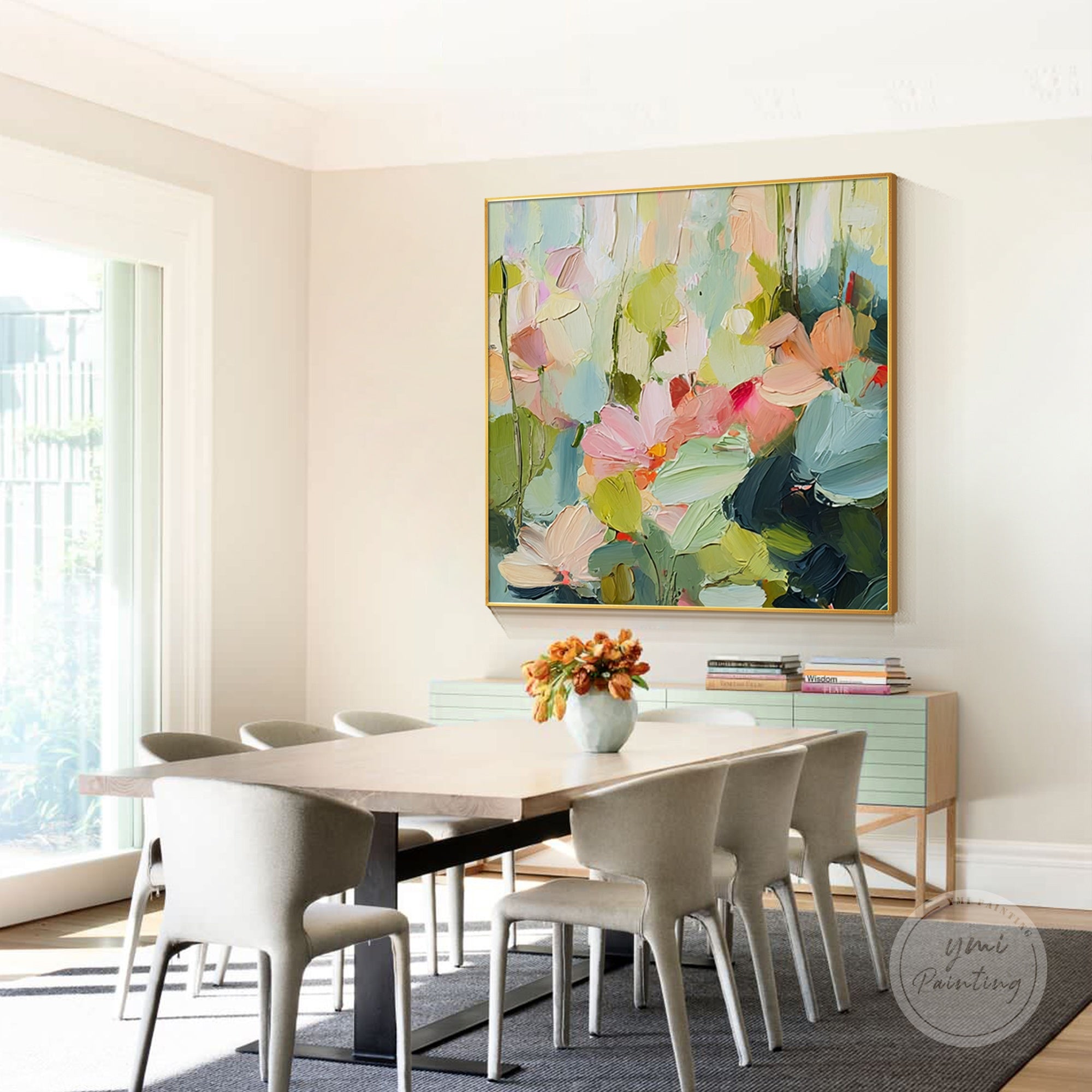 Square flower painting with bold, textured strokes, adding depth to your space.