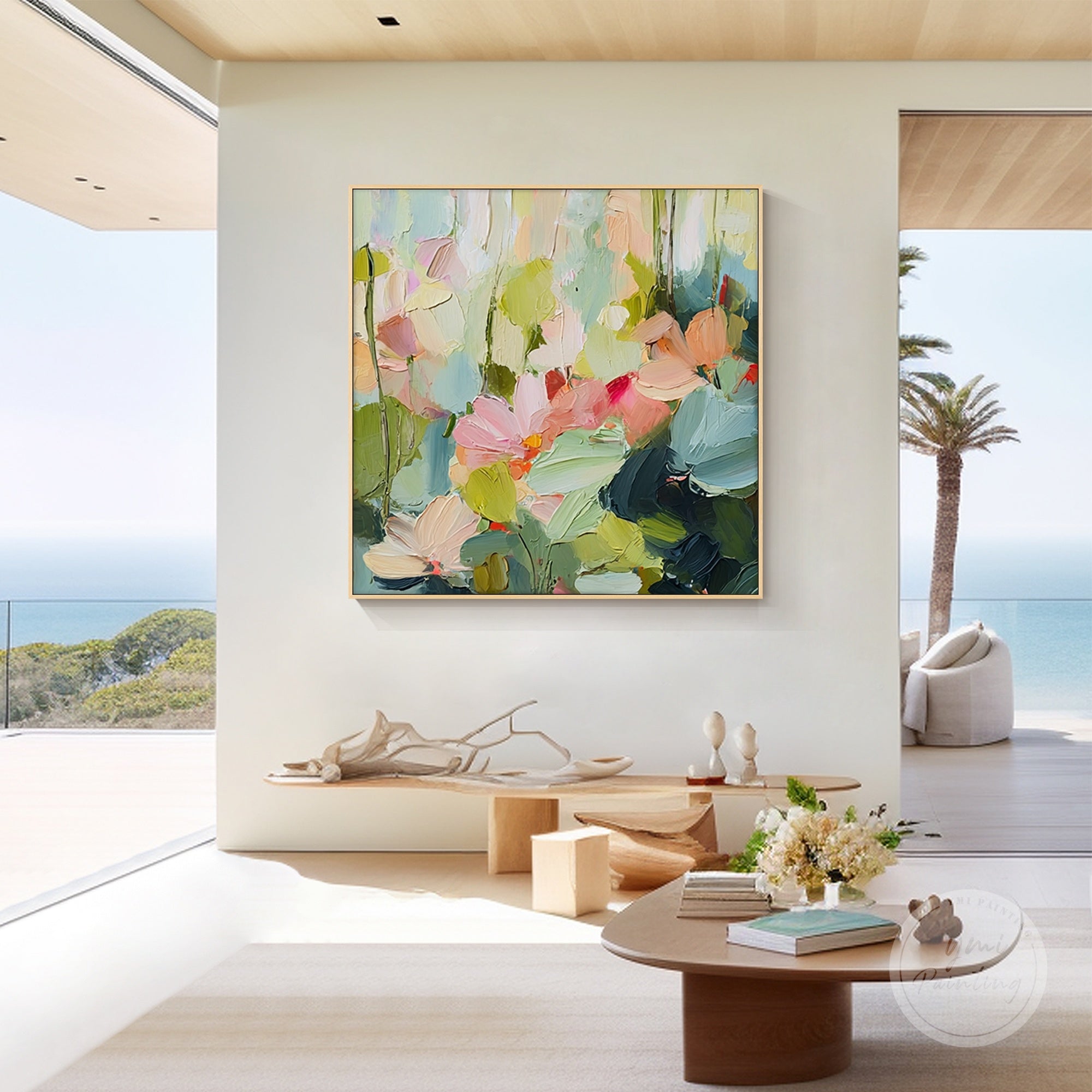 Handcrafted textured flower canvas, a stunning focal point for any living room.