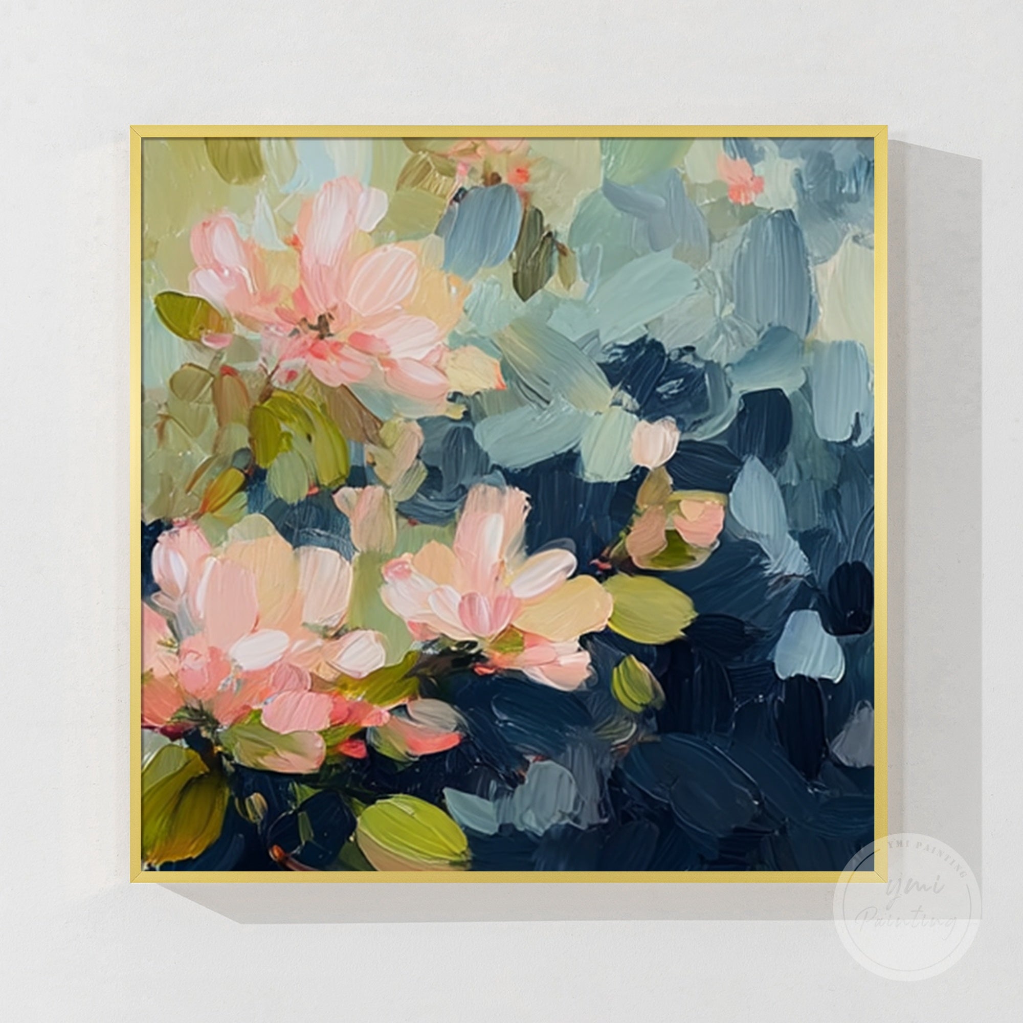 Large square floral painting in navy and pink tones, designed for modern bedroom decor.