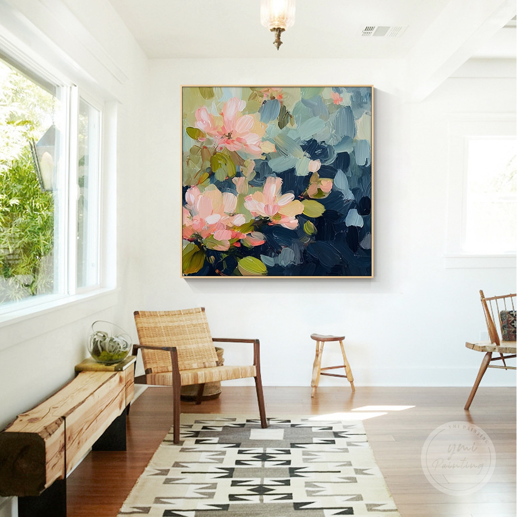 Stunning large square flower painting with vibrant pink and navy hues for your home.