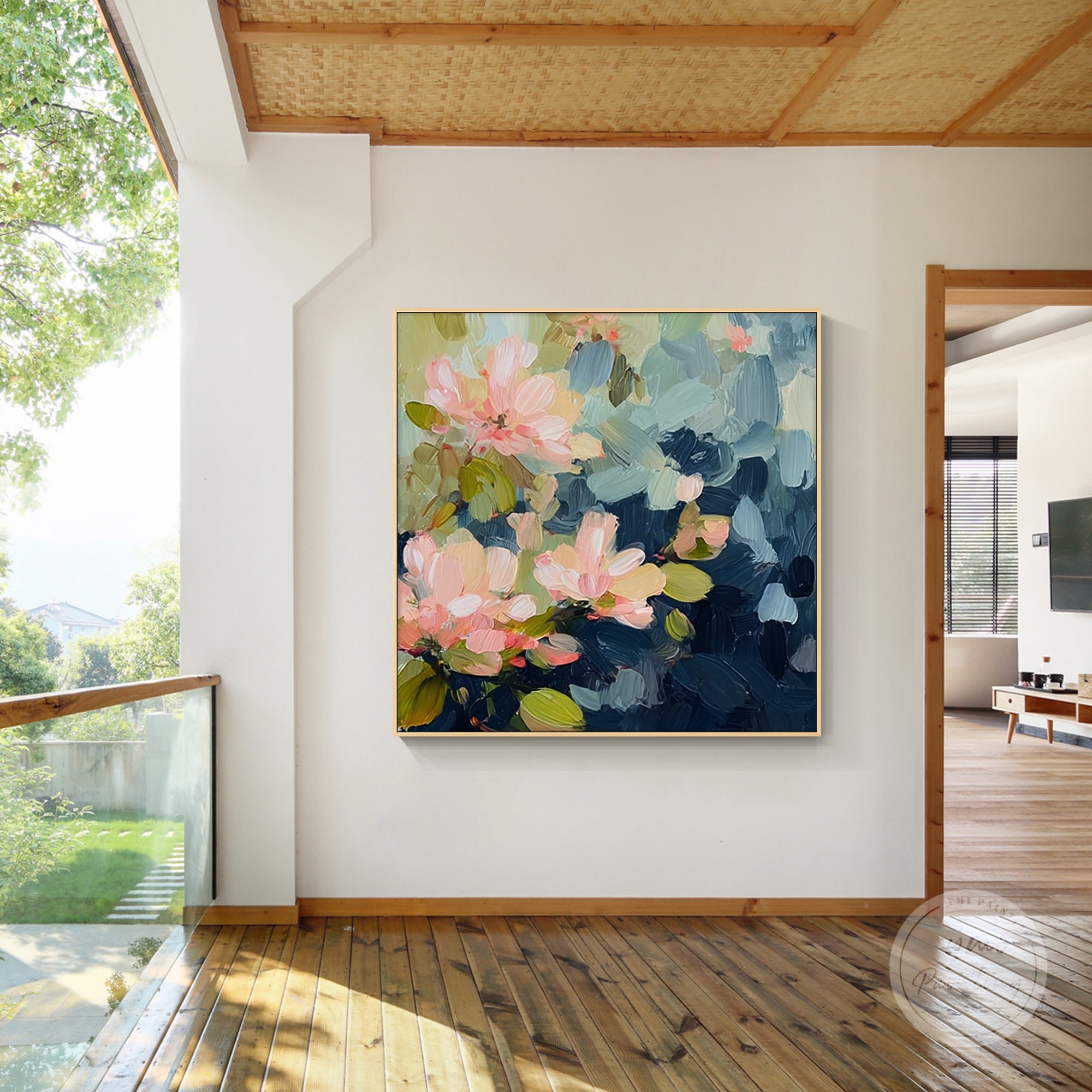 Handcrafted flower canvas art, featuring navy and pink tones, perfect for any bedroom.