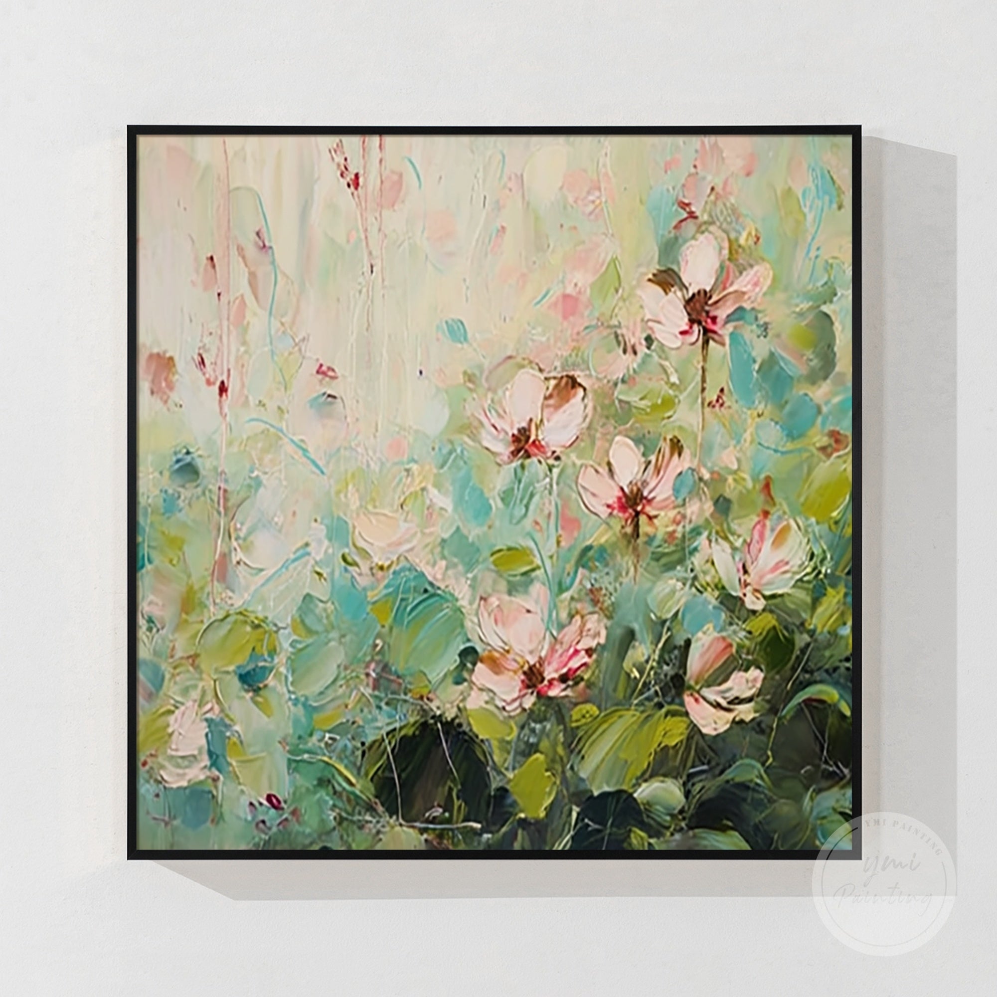 Bold and vibrant pink and green floral painting, adding a fresh touch to your home decor.