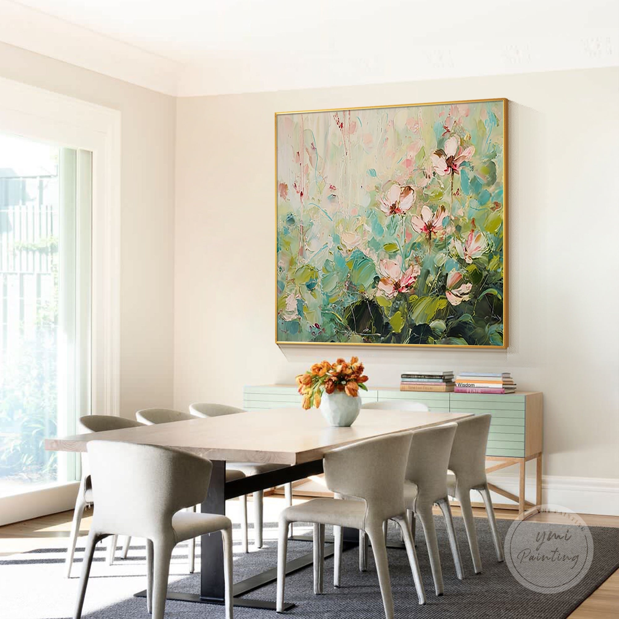 Original abstract flower art on canvas, with bold pink and green tones.