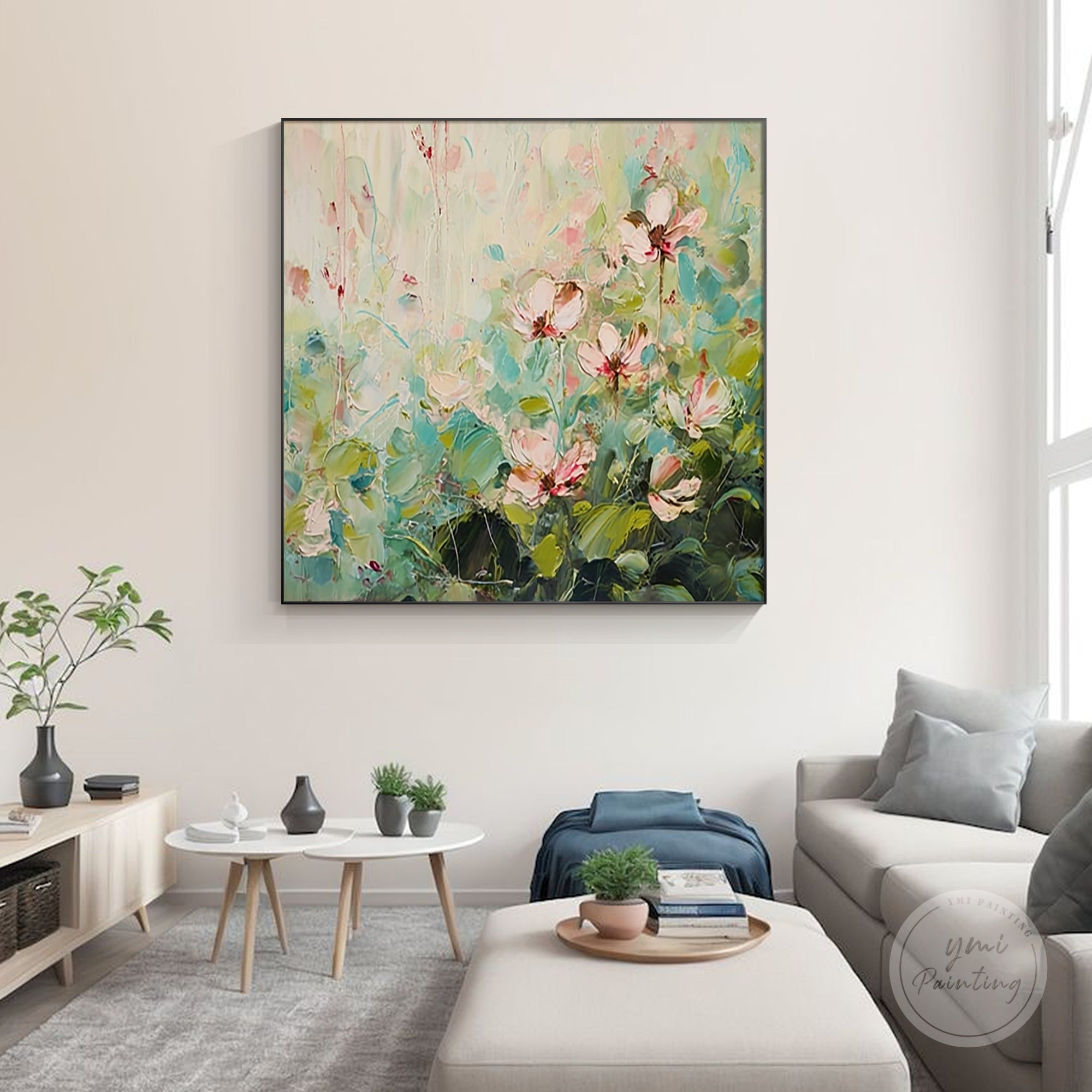 Hand-painted floral art with vibrant pink and green tones, perfect for contemporary decor.