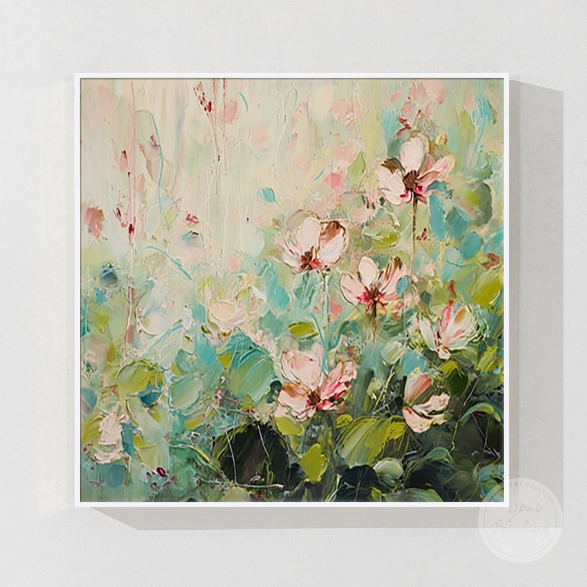 Abstract floral art featuring pink and green flowers, adding elegance and vibrancy to your space.