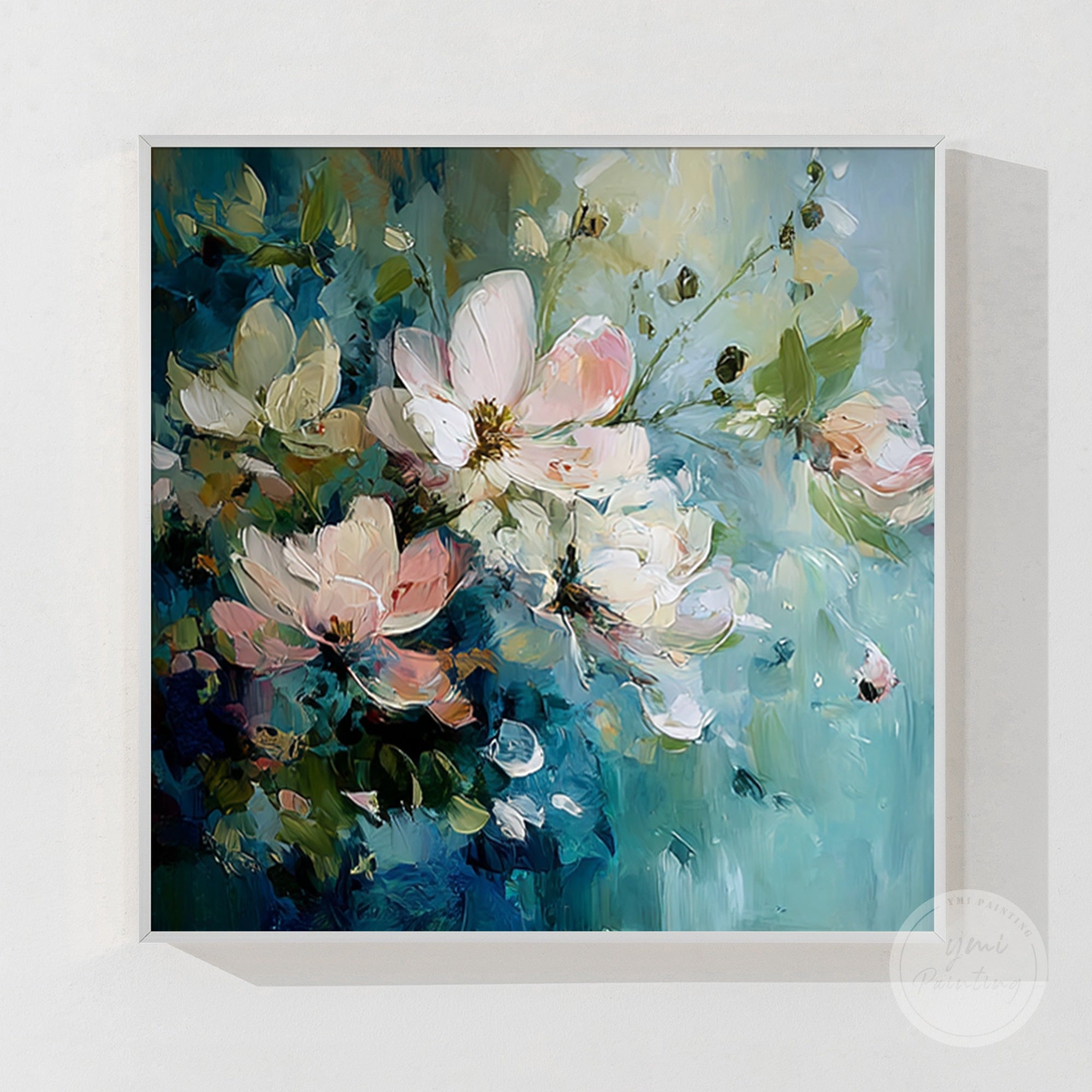 Original blue and pink flower painting on canvas, adding elegance and warmth to any room.